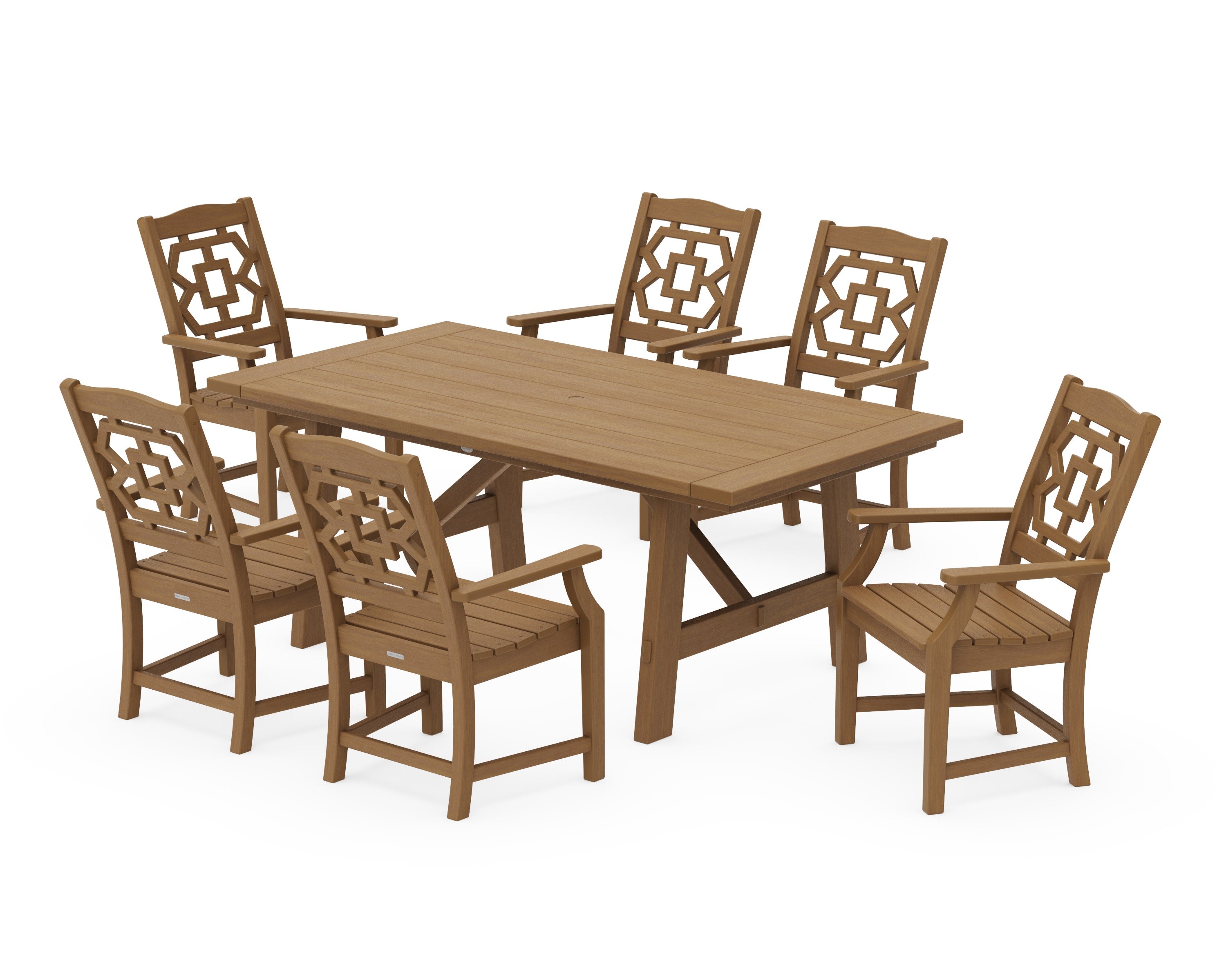 Chinoiserie Arm Chair 7-Piece Rustic Farmhouse Dining Set in Natural