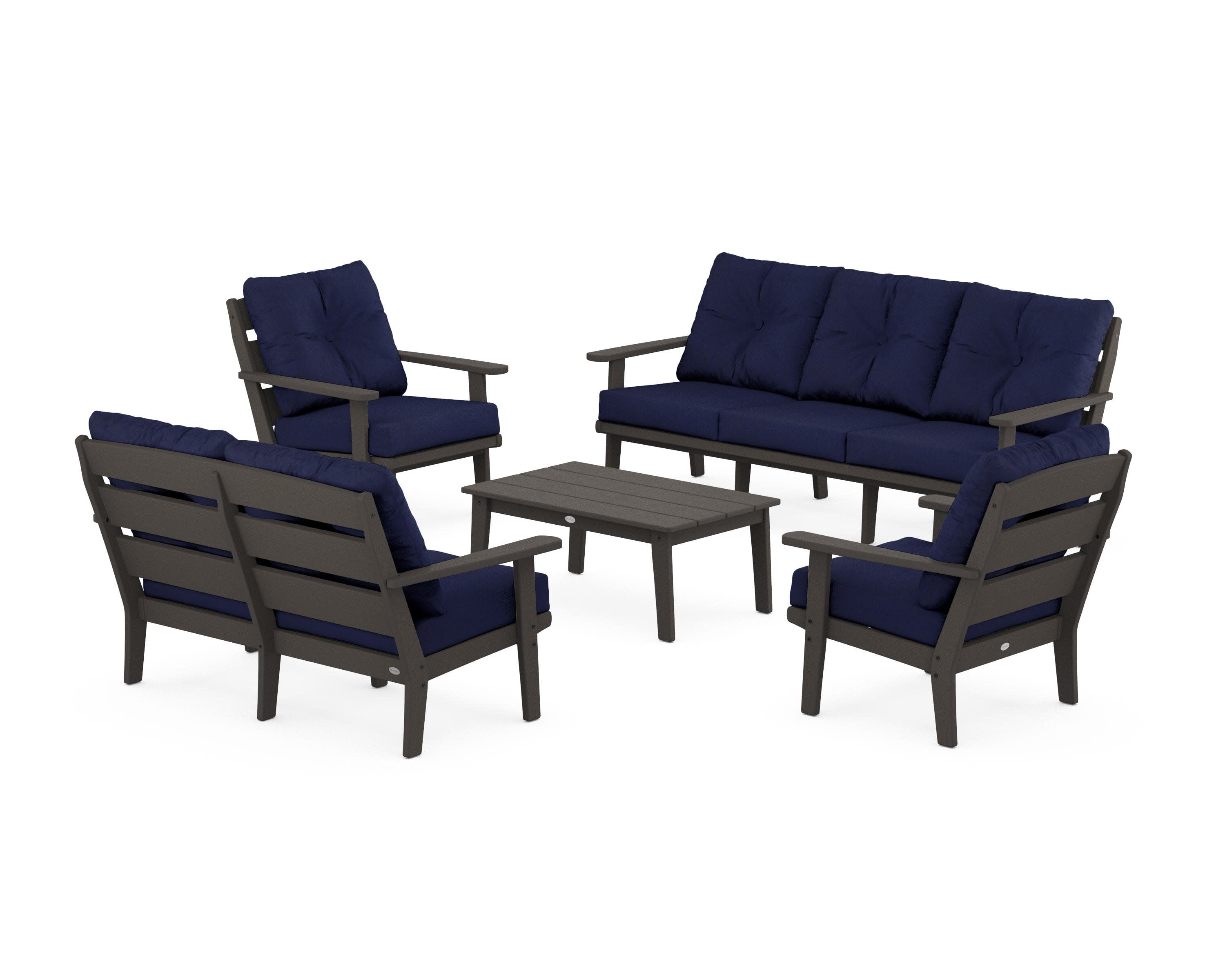 Lakeside 5-Piece Lounge Sofa Set in Vintage Coffee / Navy