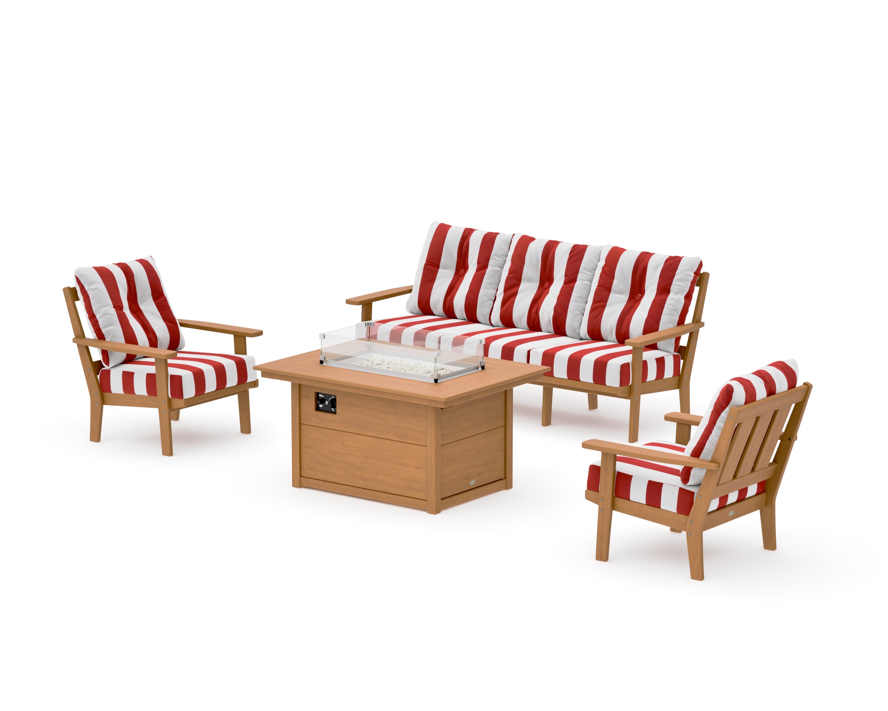 Oxford Deep Seating Fire Pit Table Set in Natural / Cabana Stripe Crimson