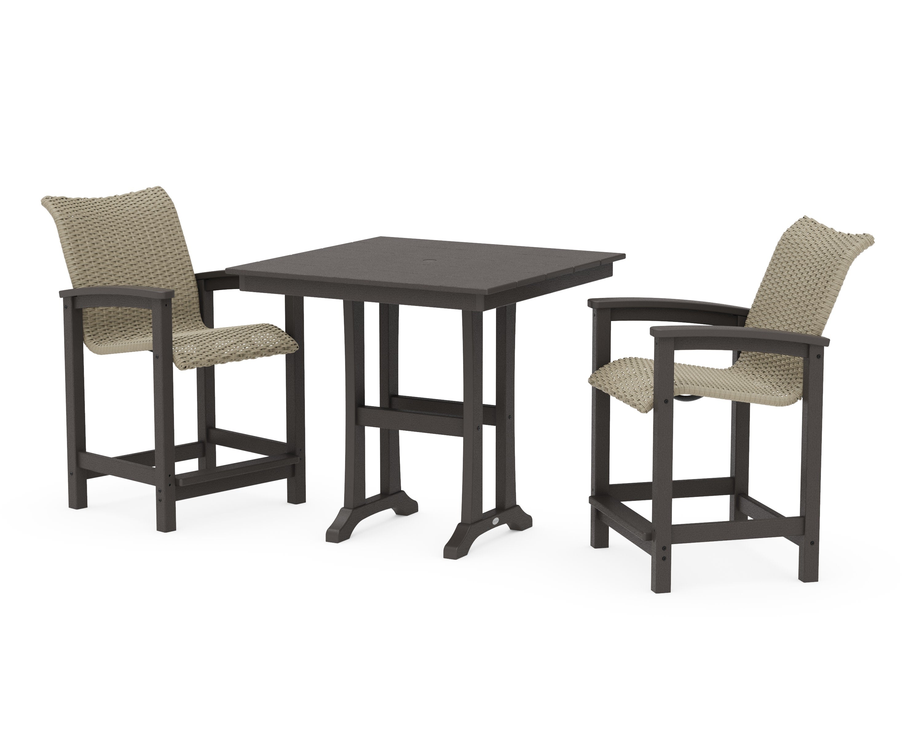 Coastal Woven 3-Piece Farmhouse Counter Set with Trestle Legs in Vintage Coffee / Dune Grass