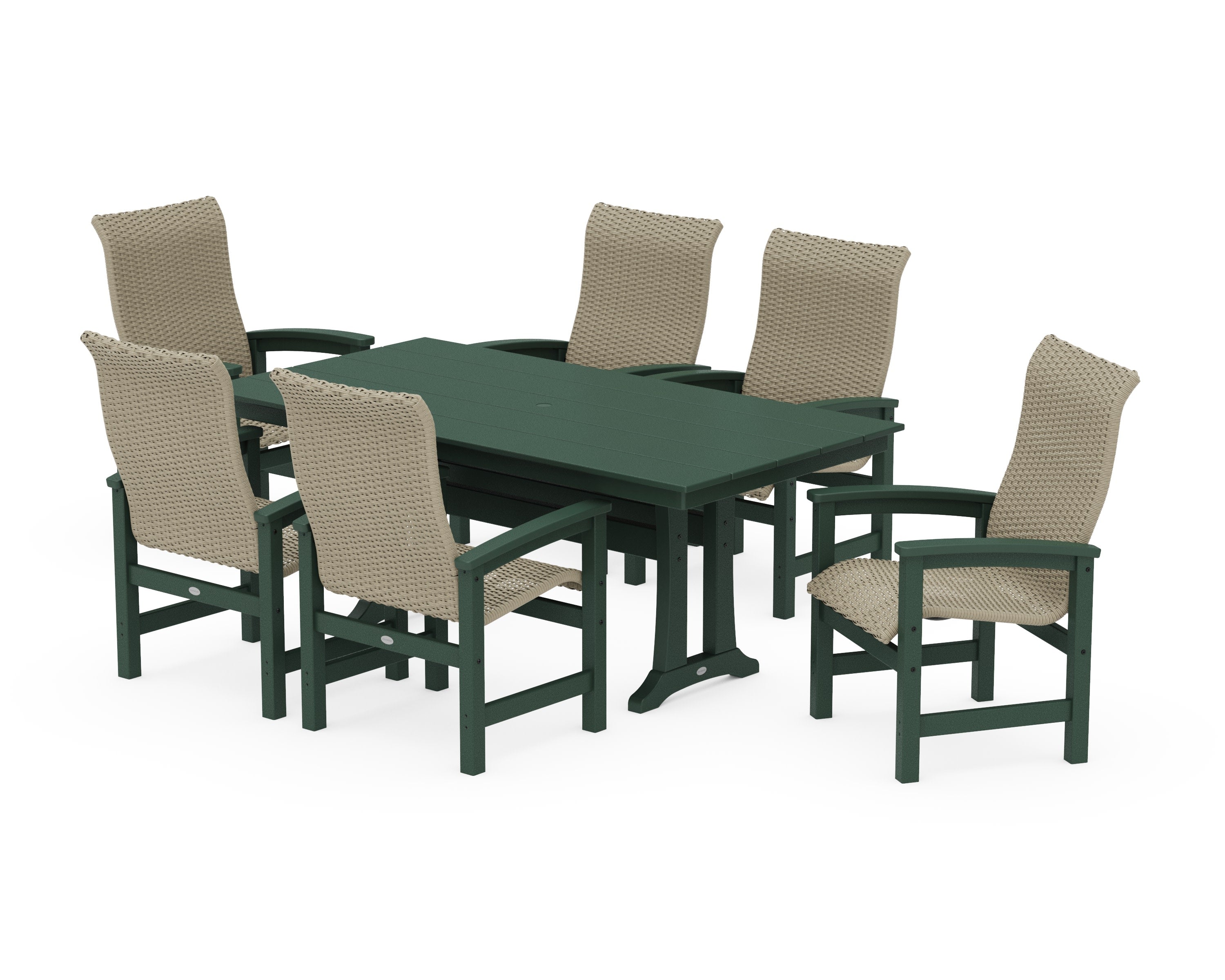 Coastal Woven High-Back Arm Chair 7-Piece Farmhouse Dining Set with Trestle Legs in Green / Dune Grass