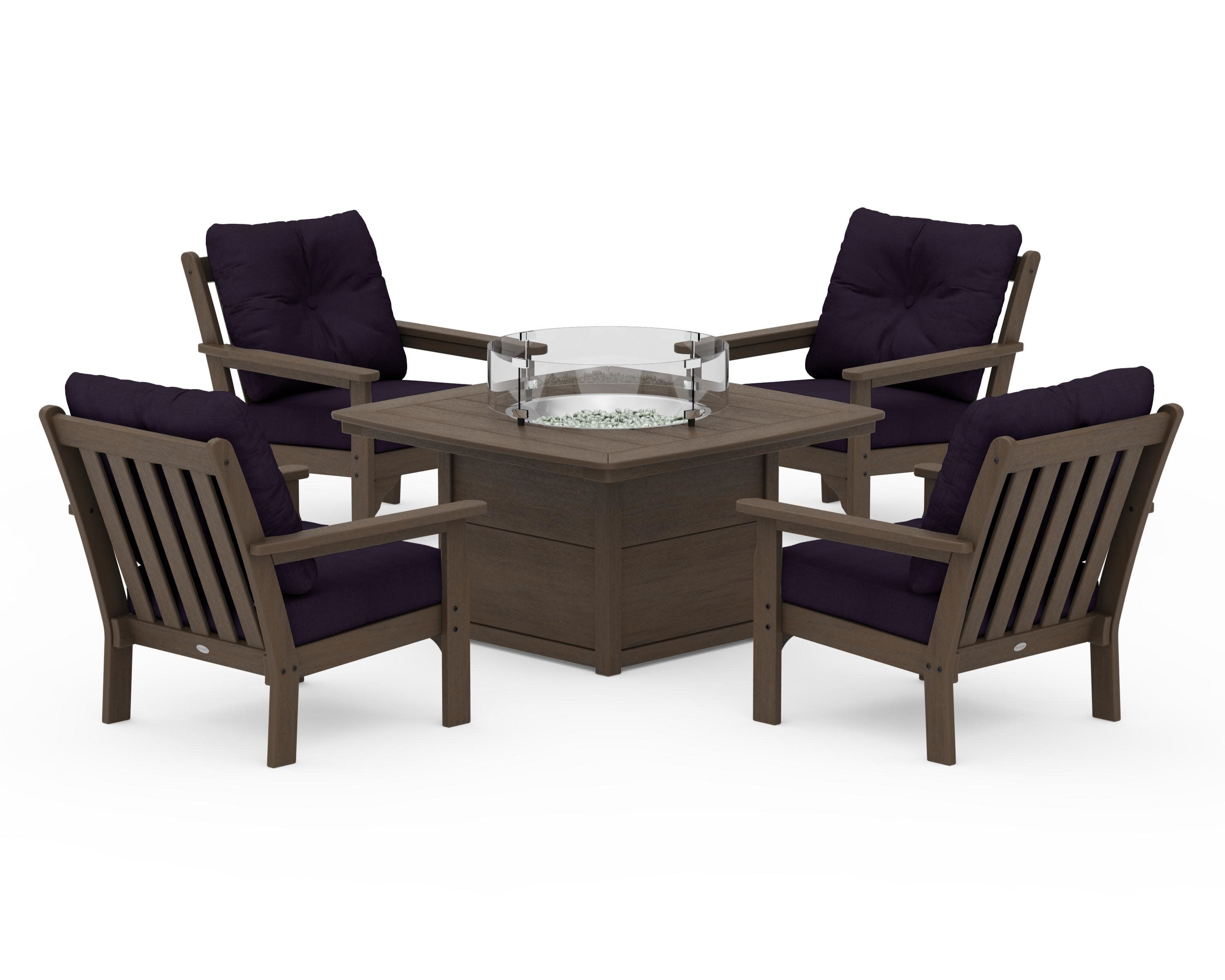 Vineyard 5-Piece Conversation Set with Fire Pit Table in Kona / Navy Linen