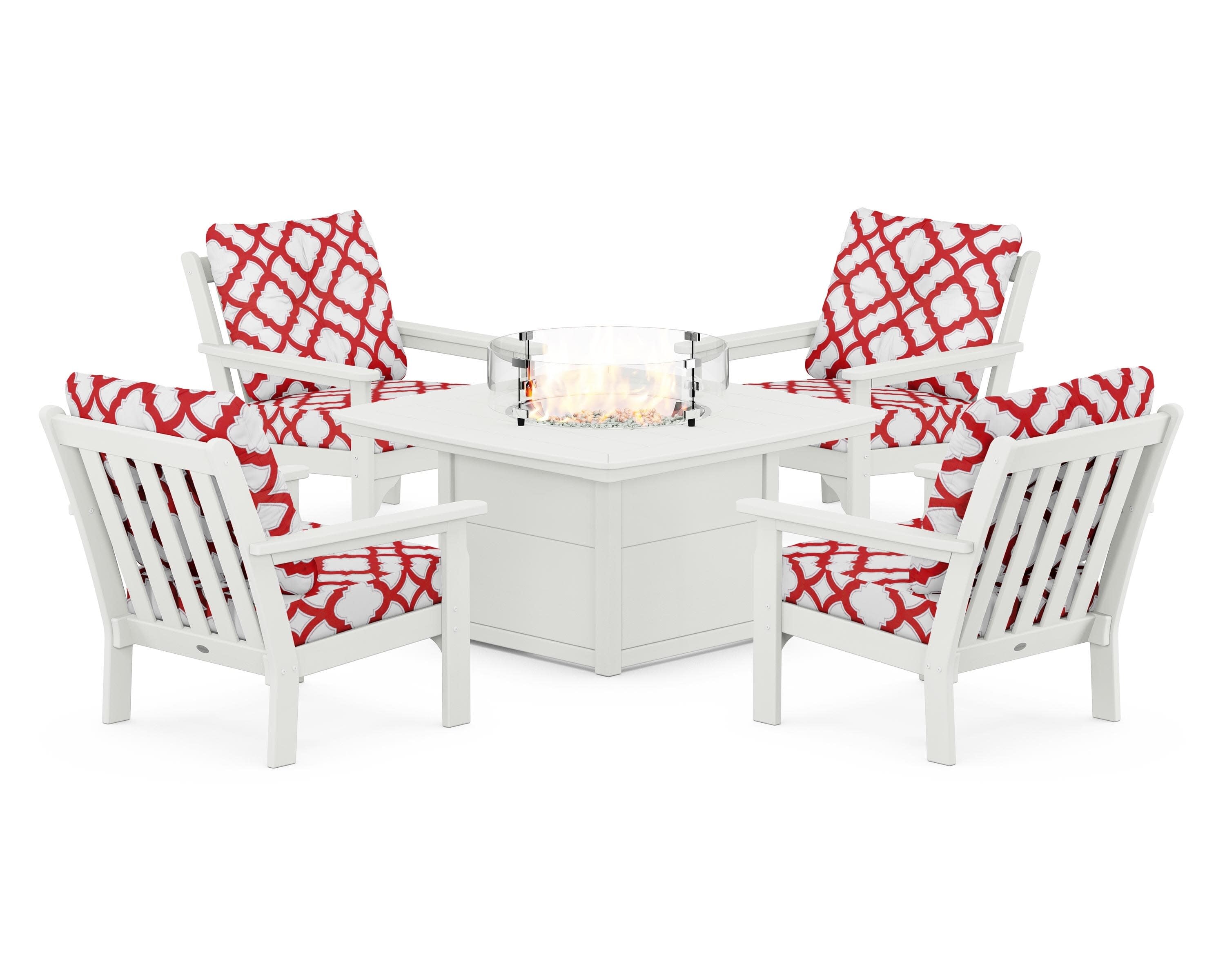 Vineyard 5-Piece Conversation Set with Fire Pit Table in Vintage White / Trellis Crimson