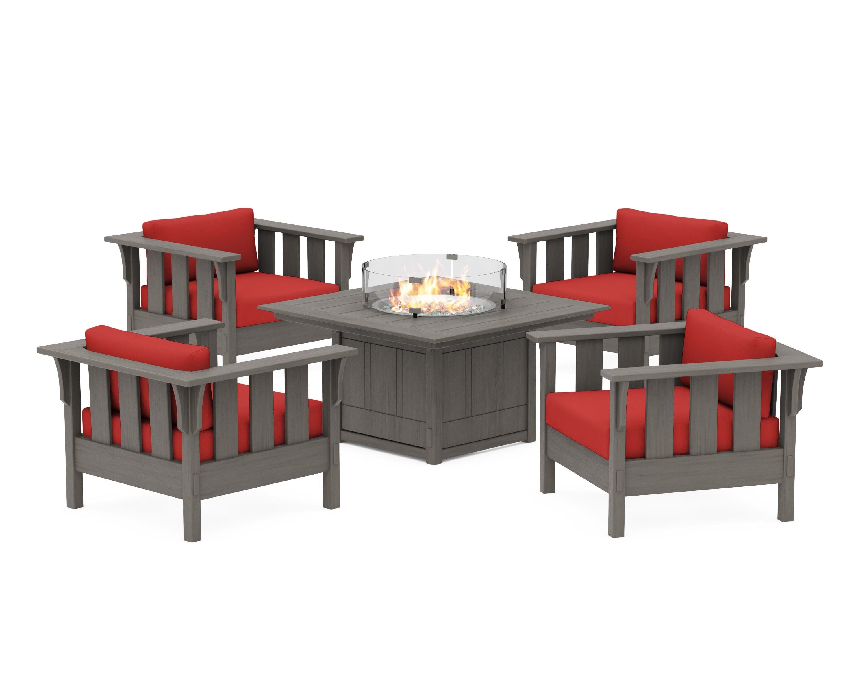 Acadia 5-Piece Deep Seating Set with Fire Pit Table in Driftwood / Crimson Linen