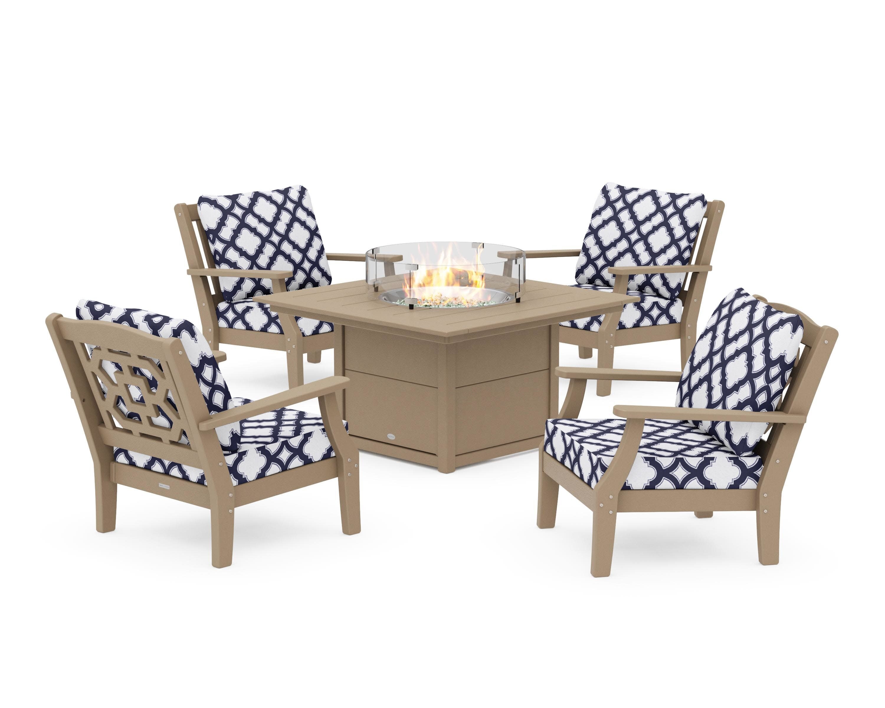 Chinoiserie 5-Piece Deep Seating Set with Fire Pit Table in Vintage Sahara / Trellis Navy