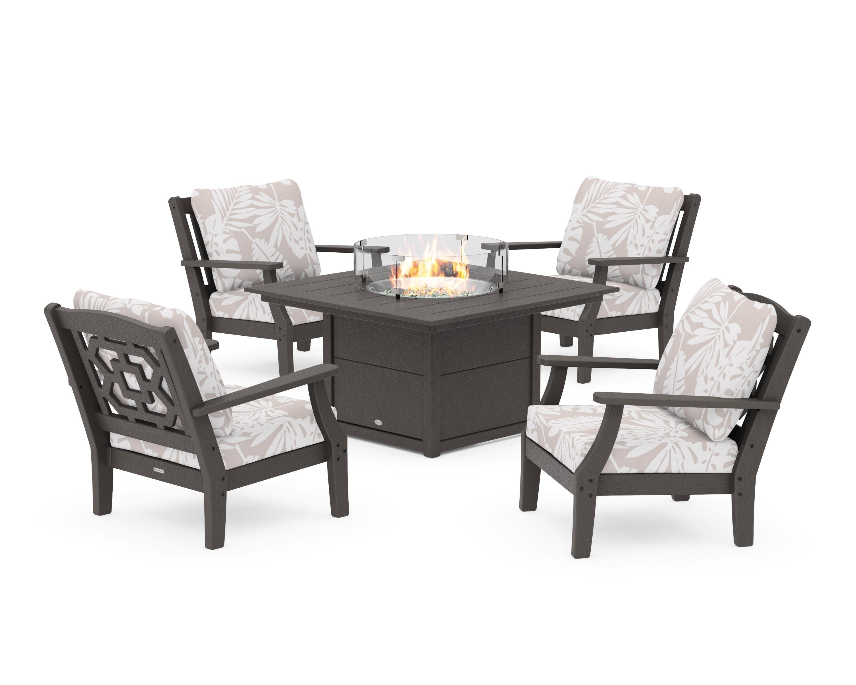 Chinoiserie 5-Piece Deep Seating Set with Fire Pit Table in Vintage Coffee / Leaf Dune Burlap