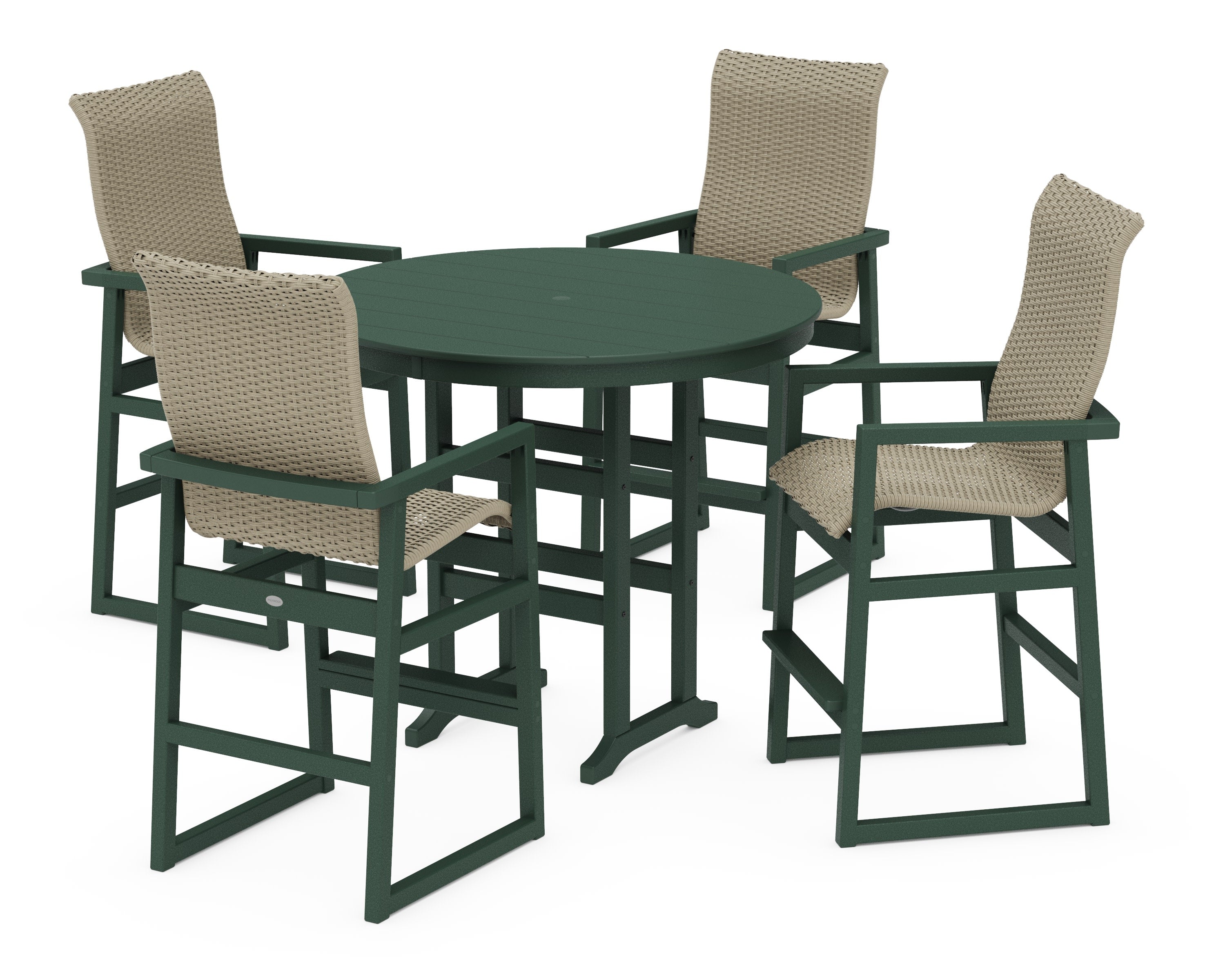 EDGE Woven Highback 5-Piece Round Farmhouse Bar Set in Green / Dune Grass