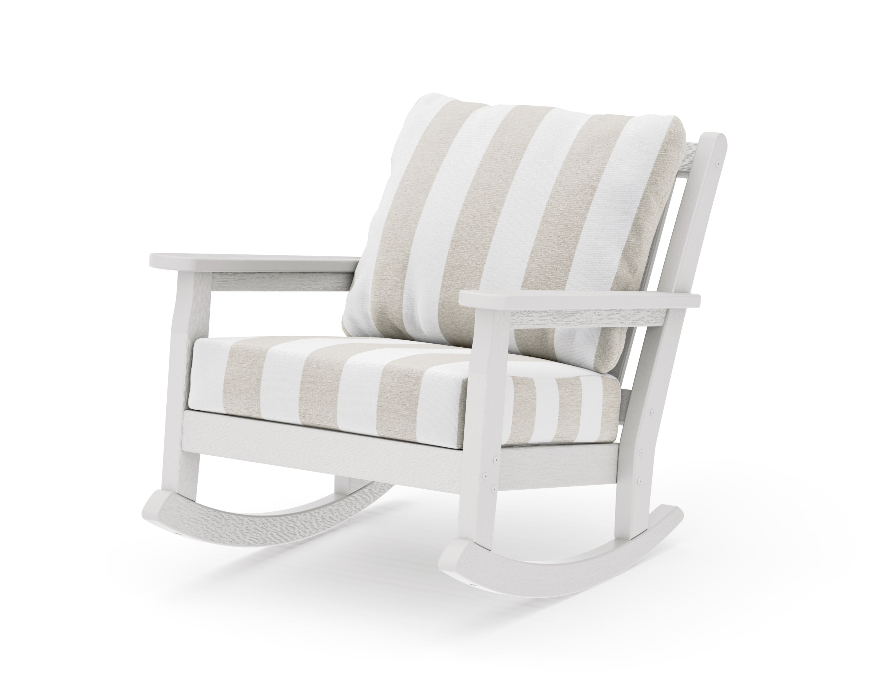 Chippendale Deep Seating Rocking Chair in Vintage White / Cabana Stripe Dune Burlap