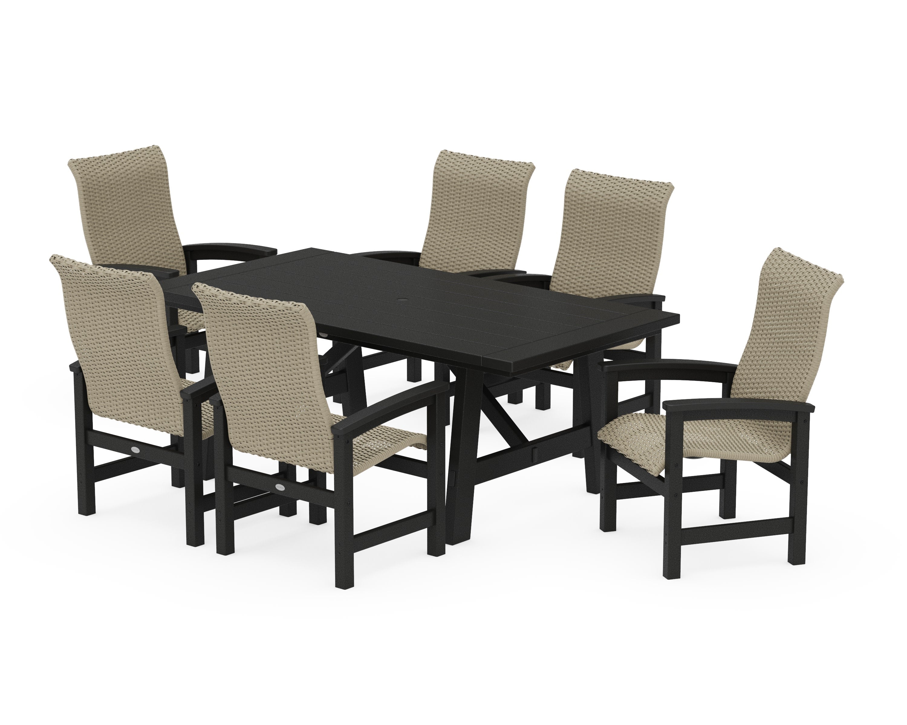 Coastal Woven High-Back Arm Chair 7-Piece Rustic Farmhouse Dining Set in Black / Dune Grass