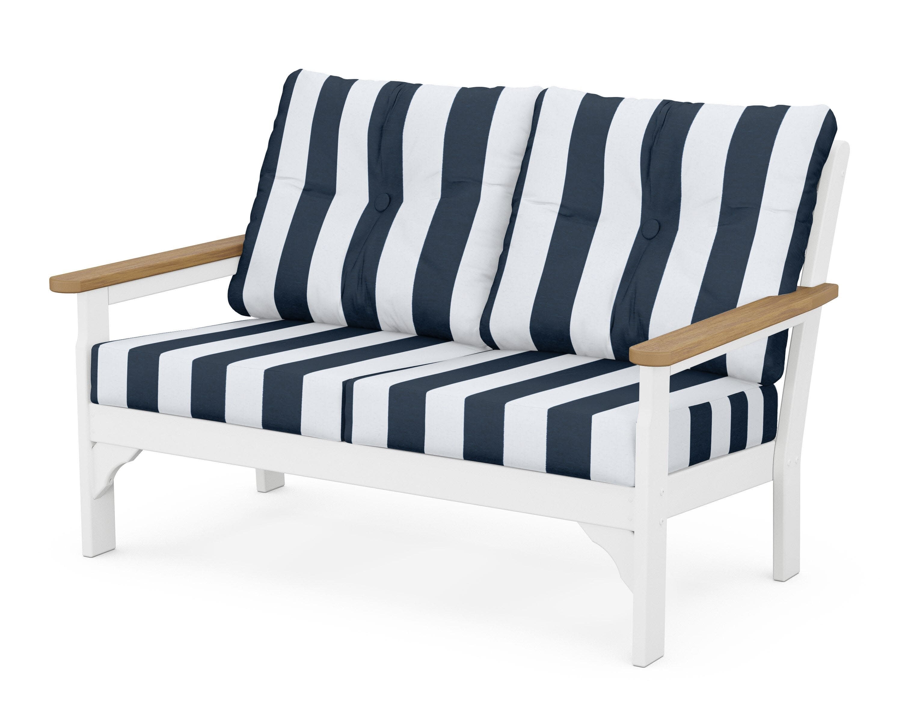 Vineyard Deep Seating Loveseat in White / Natural / Cabana Stripe Marine Indigo