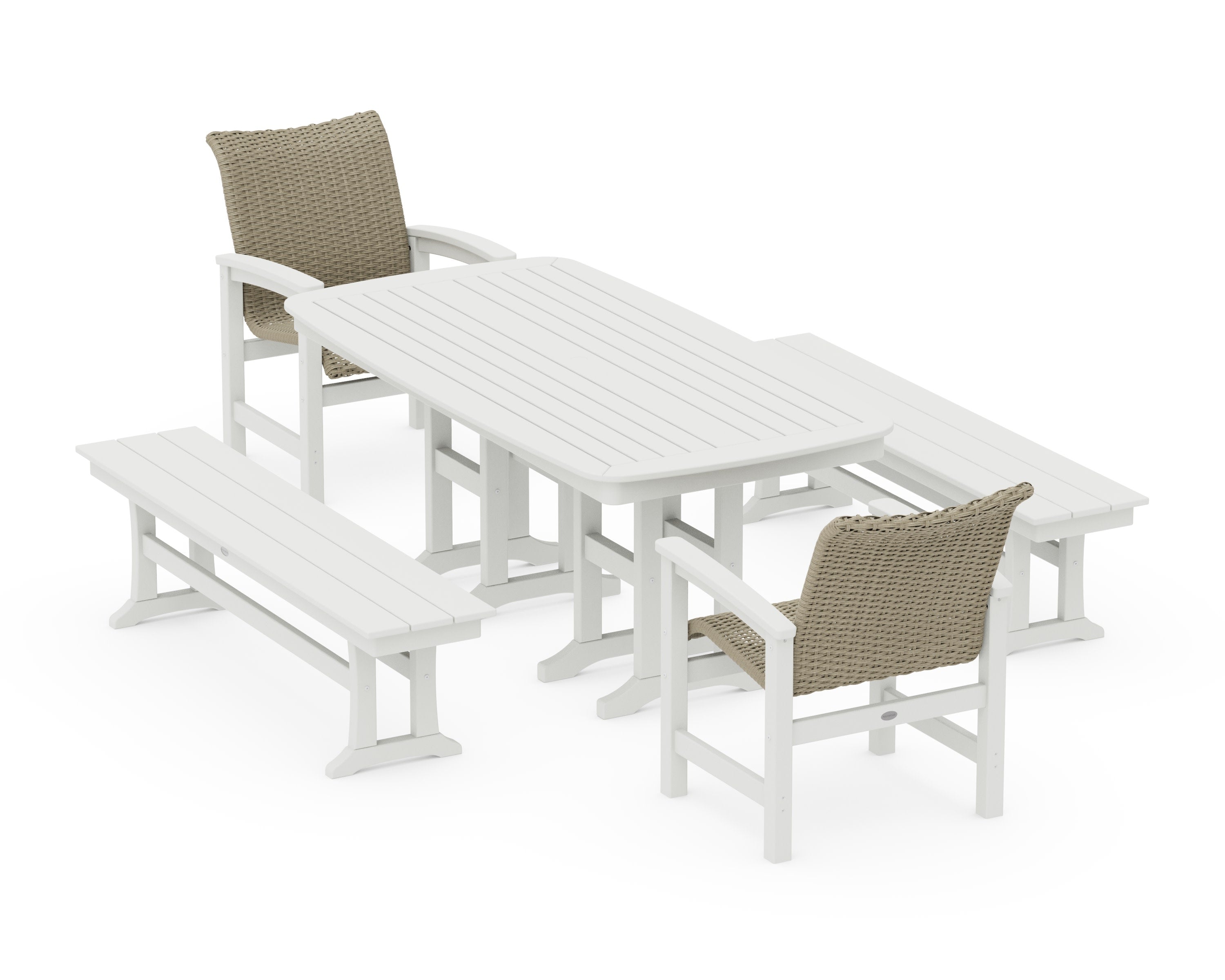 Coastal Woven 5-Piece Dining Set with Benches in Vintage White / Dune Grass
