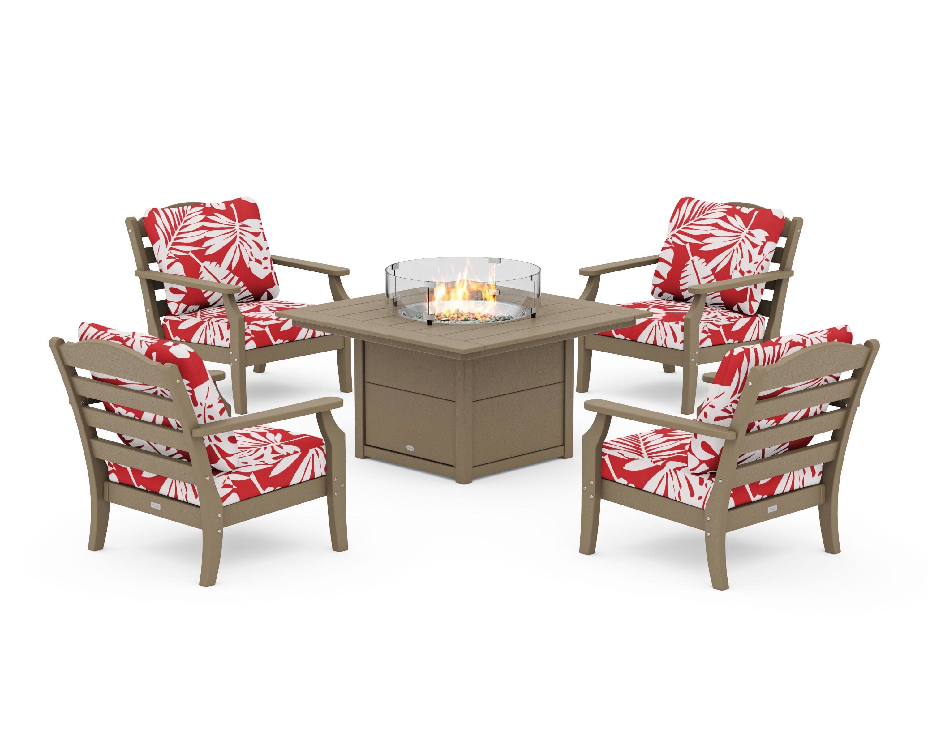 Savannah 5-Piece Deep Seating Set with Fire Pit Table in Vintage Sahara / Leaf Crimson
