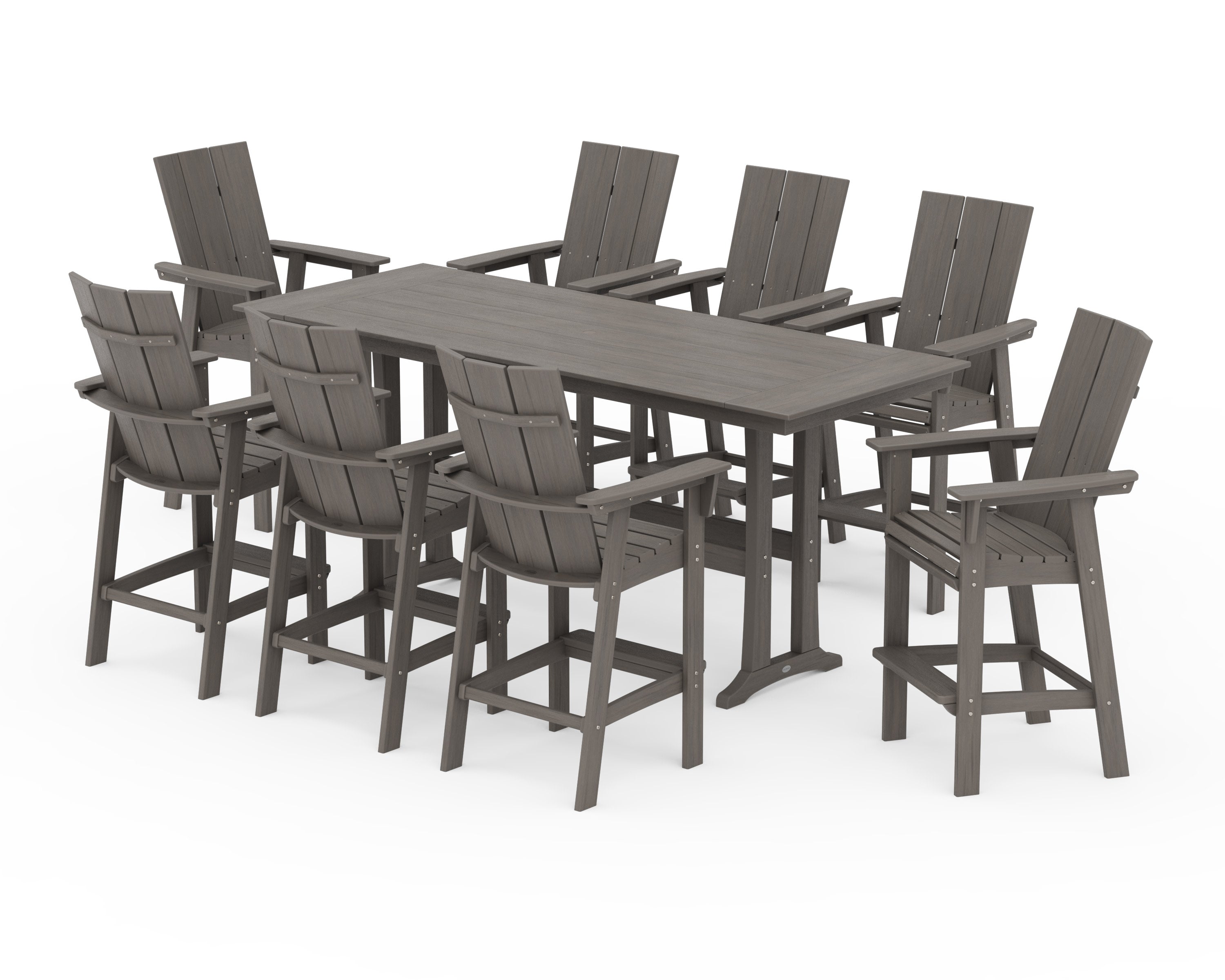 Modern Curveback Adirondack 9-Piece Farmhouse Bar Set with Trestle Legs in Driftwood