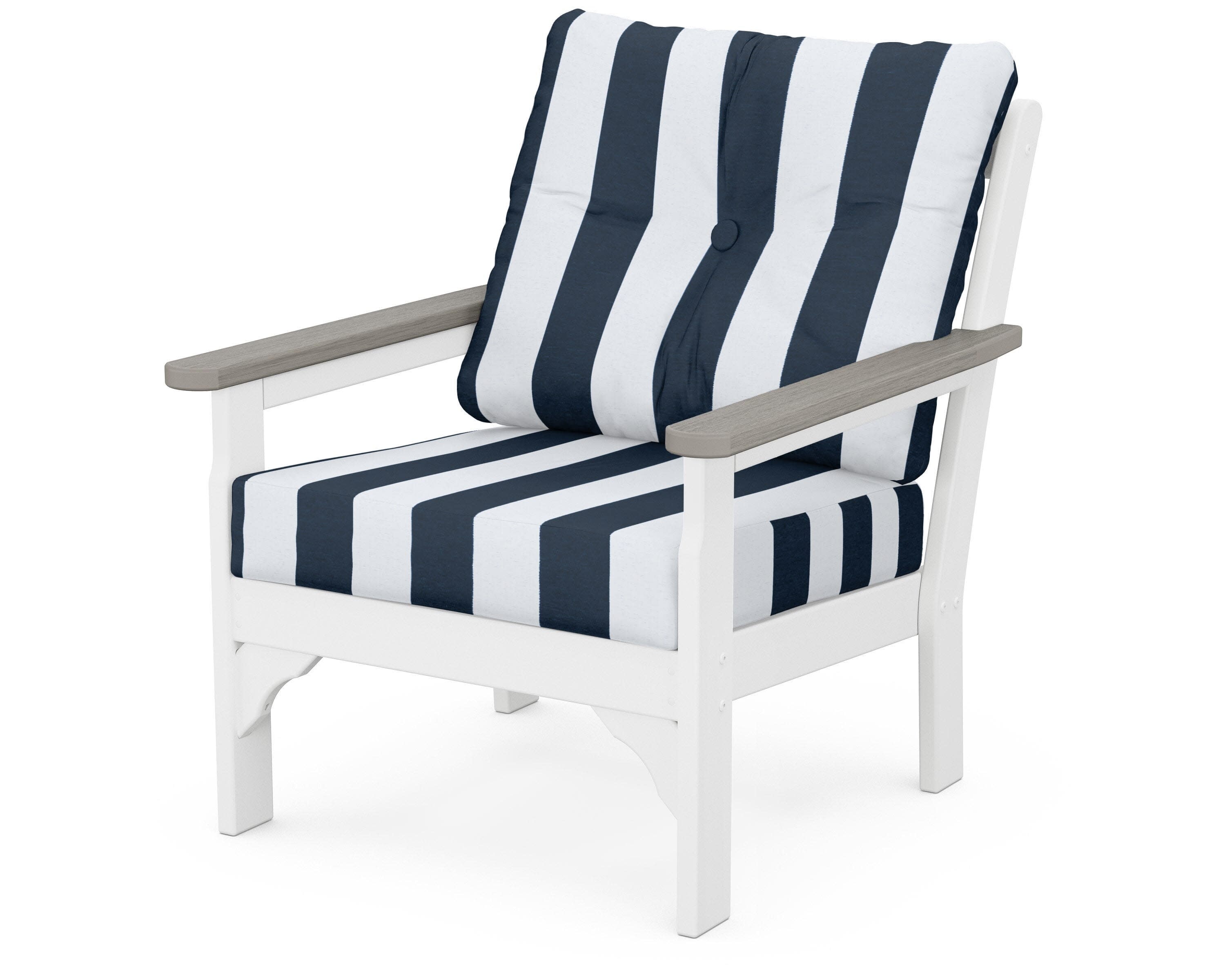 Vineyard Deep Seating Chair in White / Driftwood / Cabana Stripe Marine Indigo