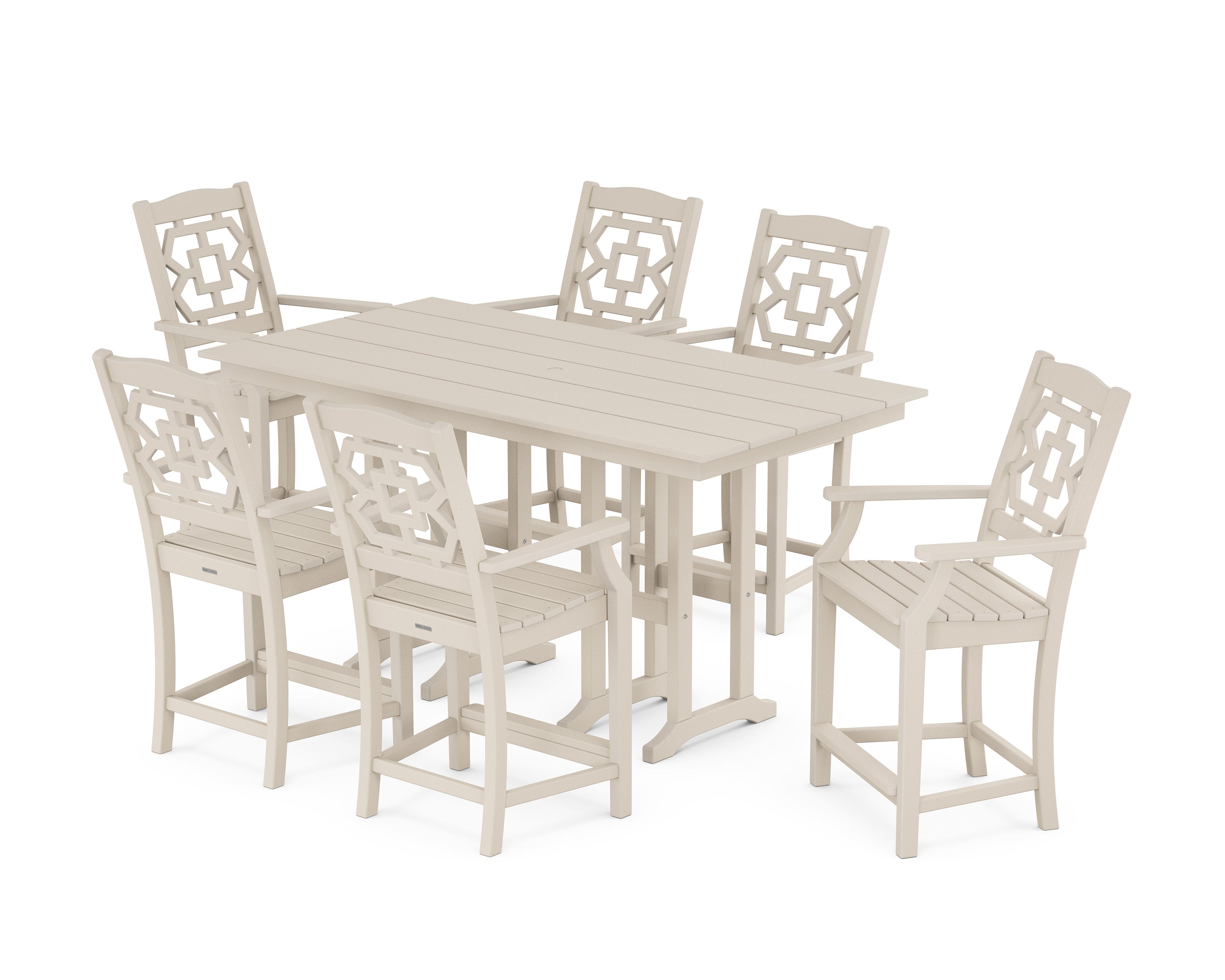 Chinoiserie Arm Chair 7-Piece Farmhouse Counter Set in Sand