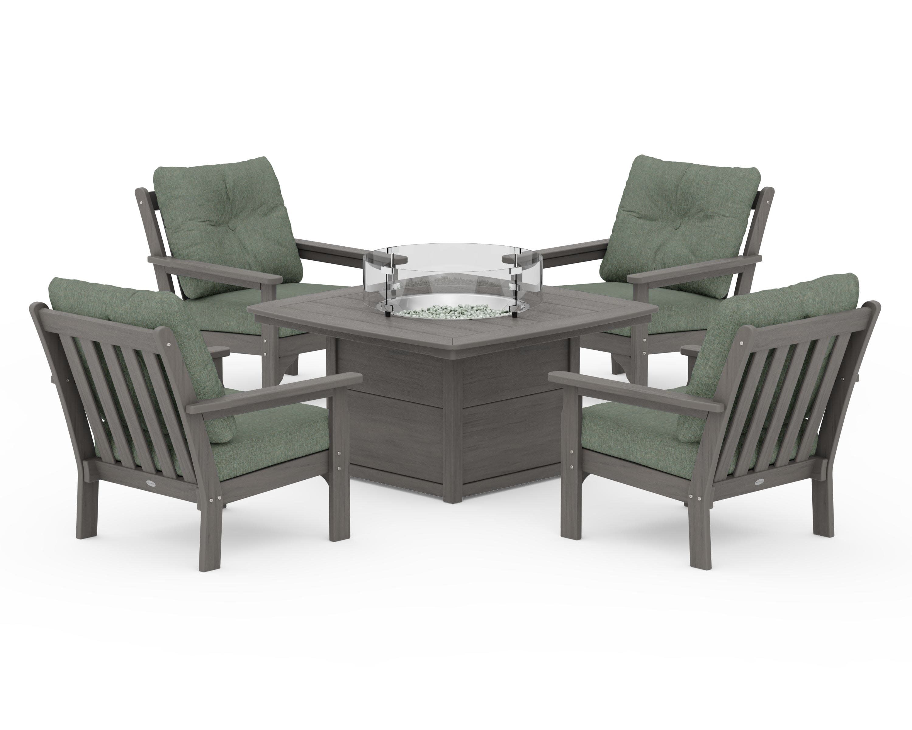 Vineyard 5-Piece Conversation Set with Fire Pit Table in Driftwood / Cast Sage