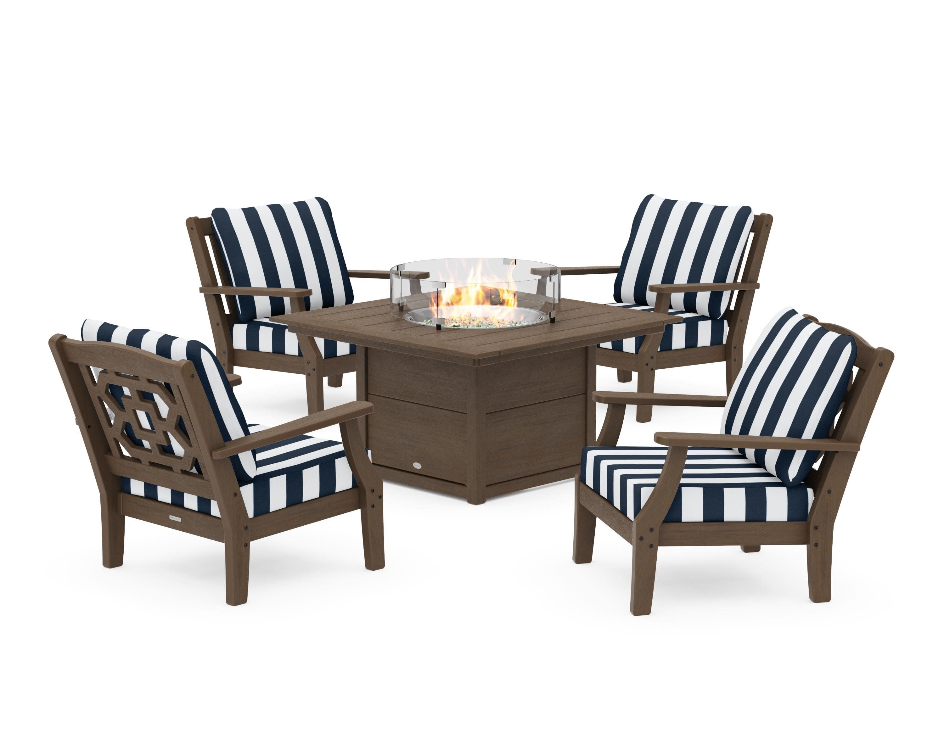 Chinoiserie 5-Piece Deep Seating Set with Fire Pit Table in Kona / Cabana Stripe Marine Indigo