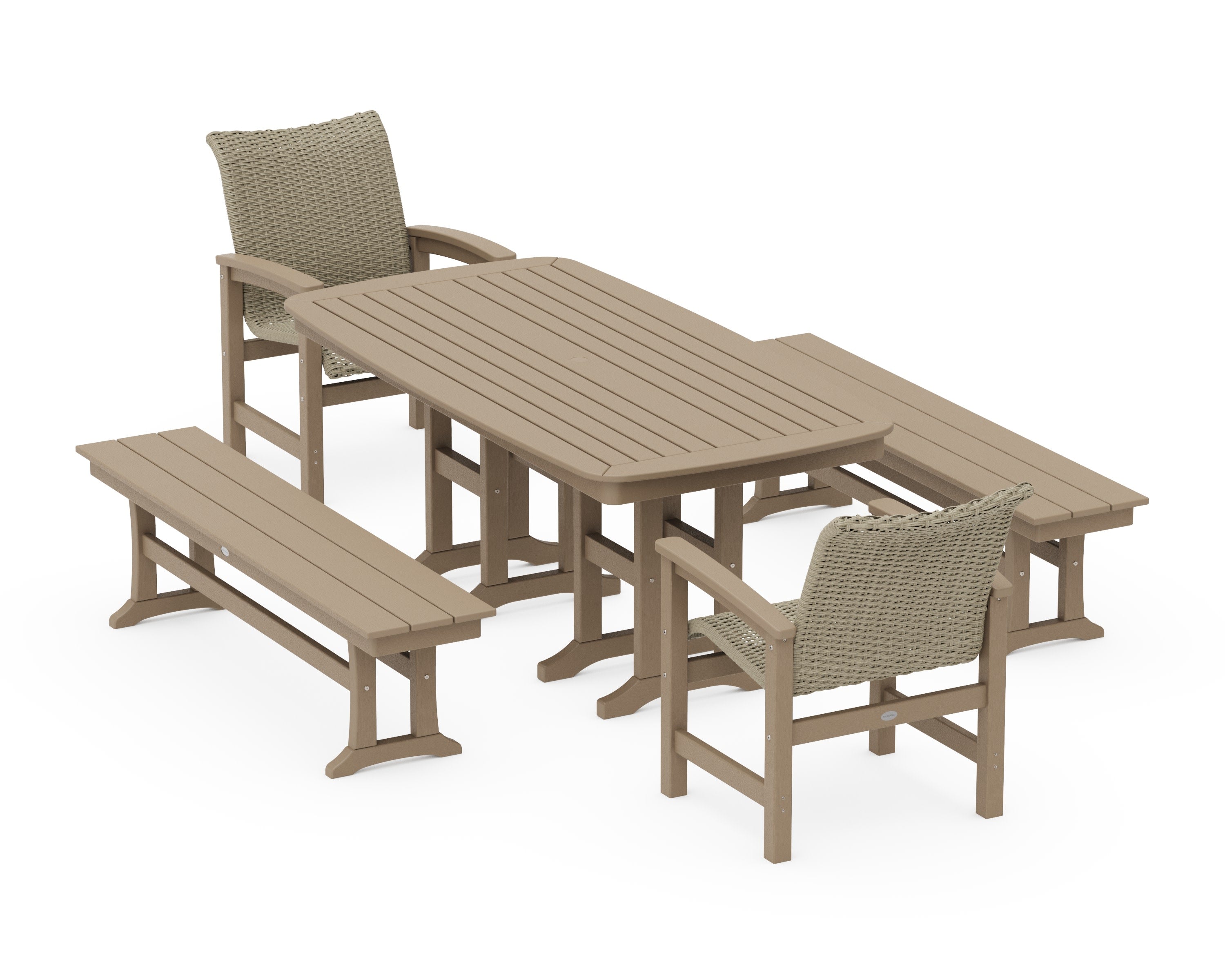 Coastal Woven 5-Piece Dining Set with Benches in Vintage Sahara / Dune Grass