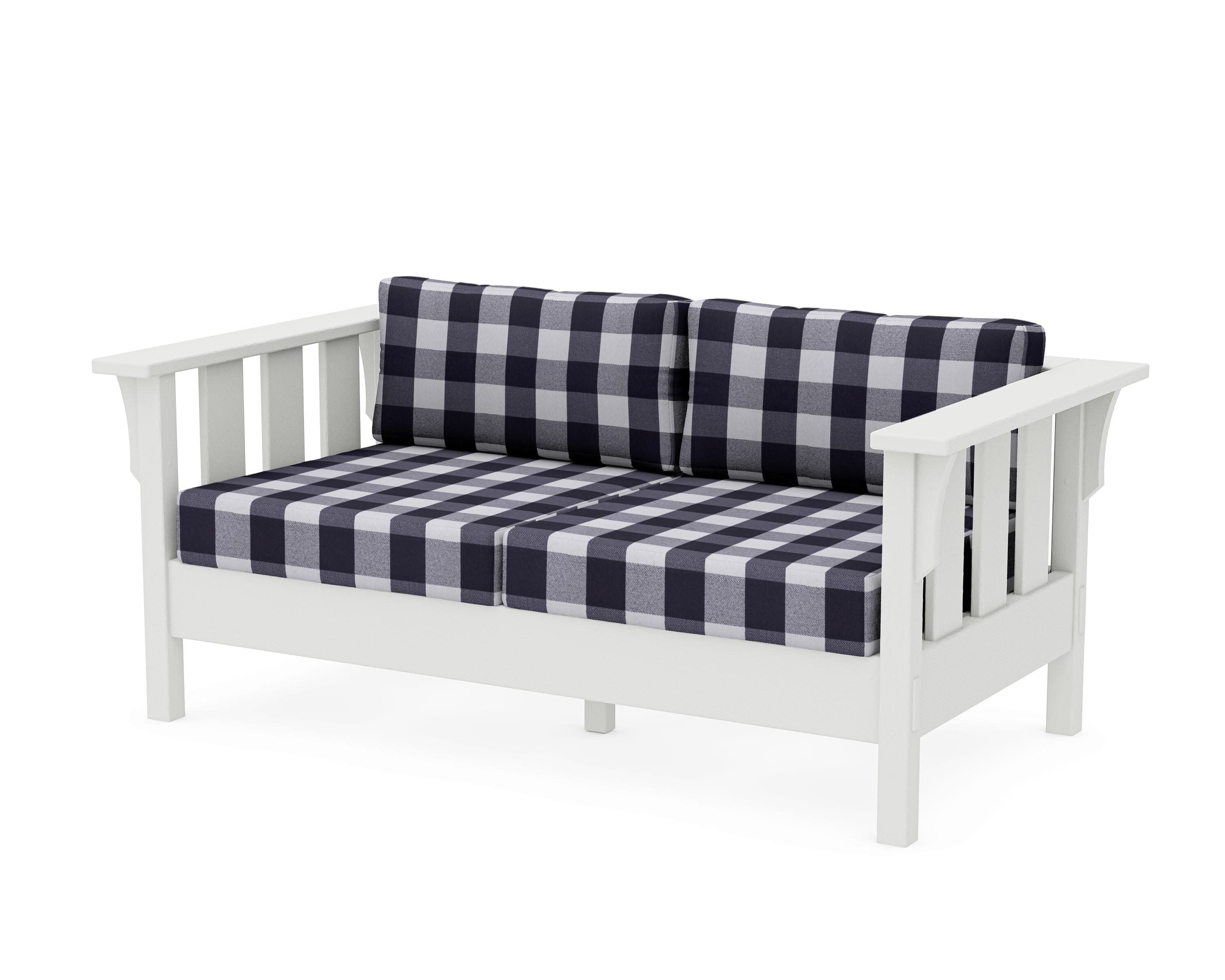 Acadia Deep Seating Loveseat in Vintage White / Buffalo Plaid Navy