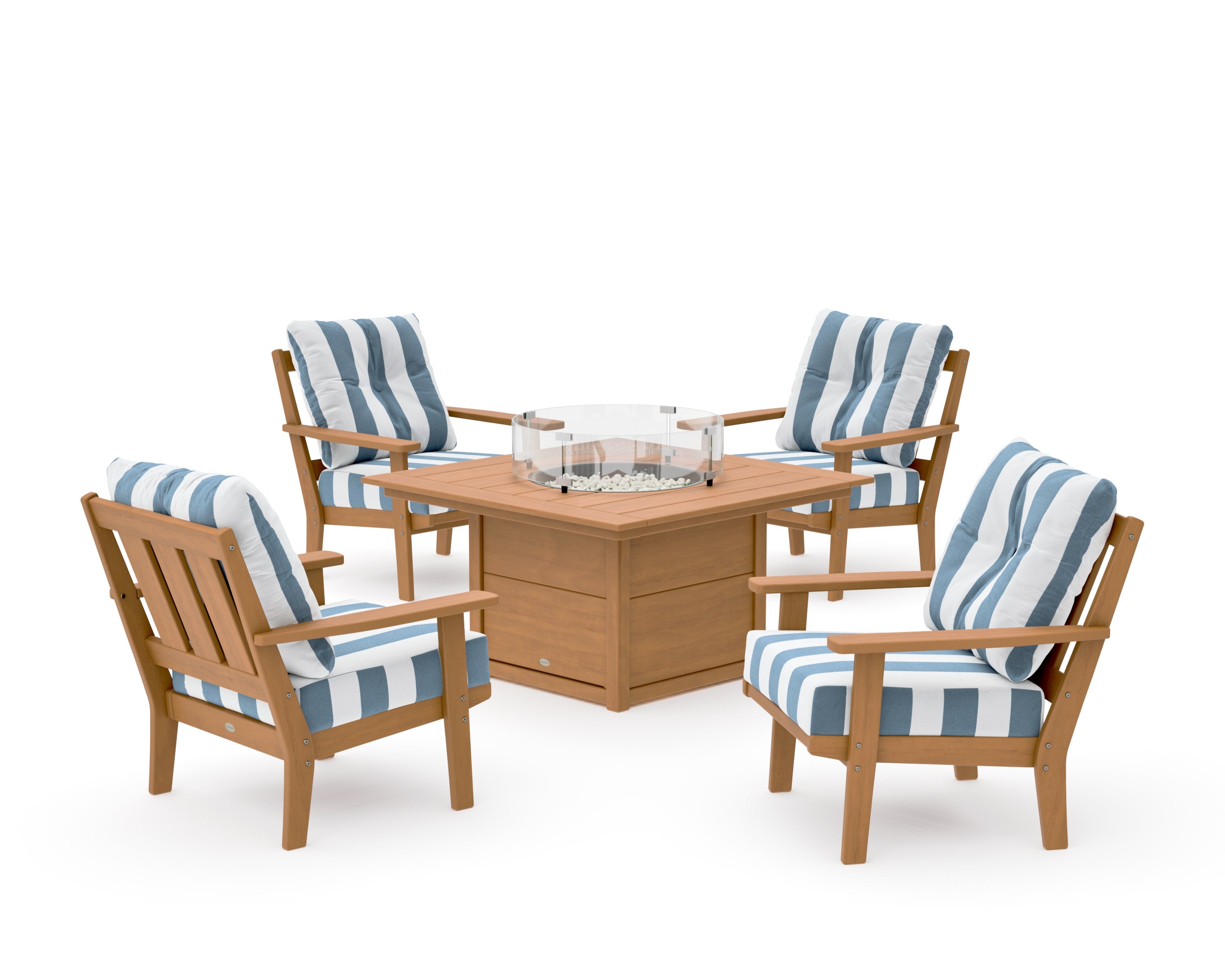 Oxford 5-Piece Deep Seating Set with Fire Pit Table in Natural / Cabana Stripe Sky Blue