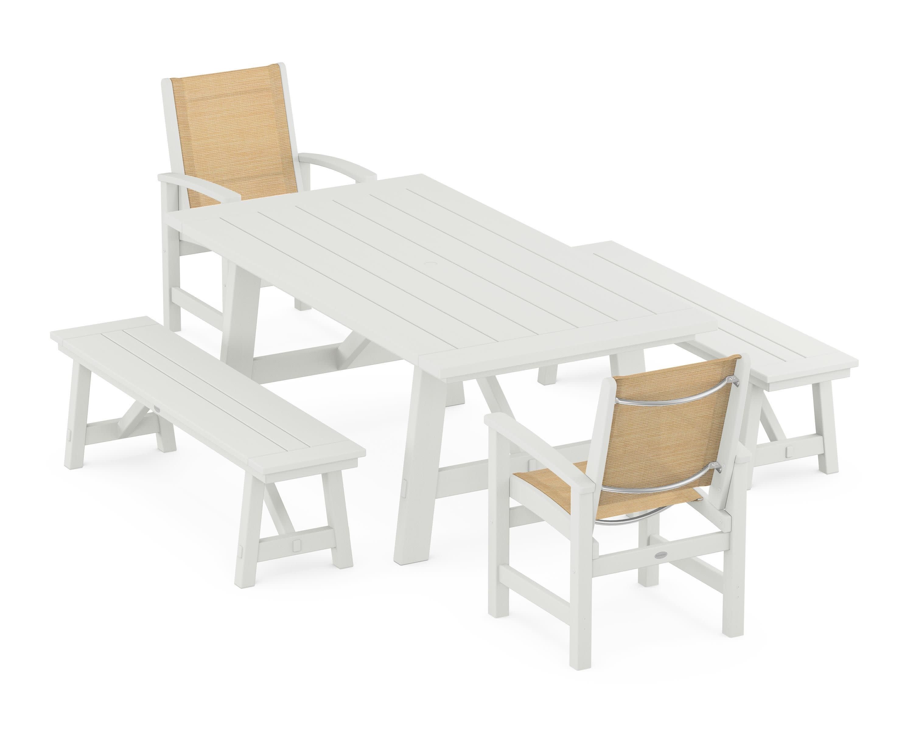 Coastal 5-Piece Rustic Farmhouse Dining Set With Benches in Vintage White / Dupioni Apricot Sling