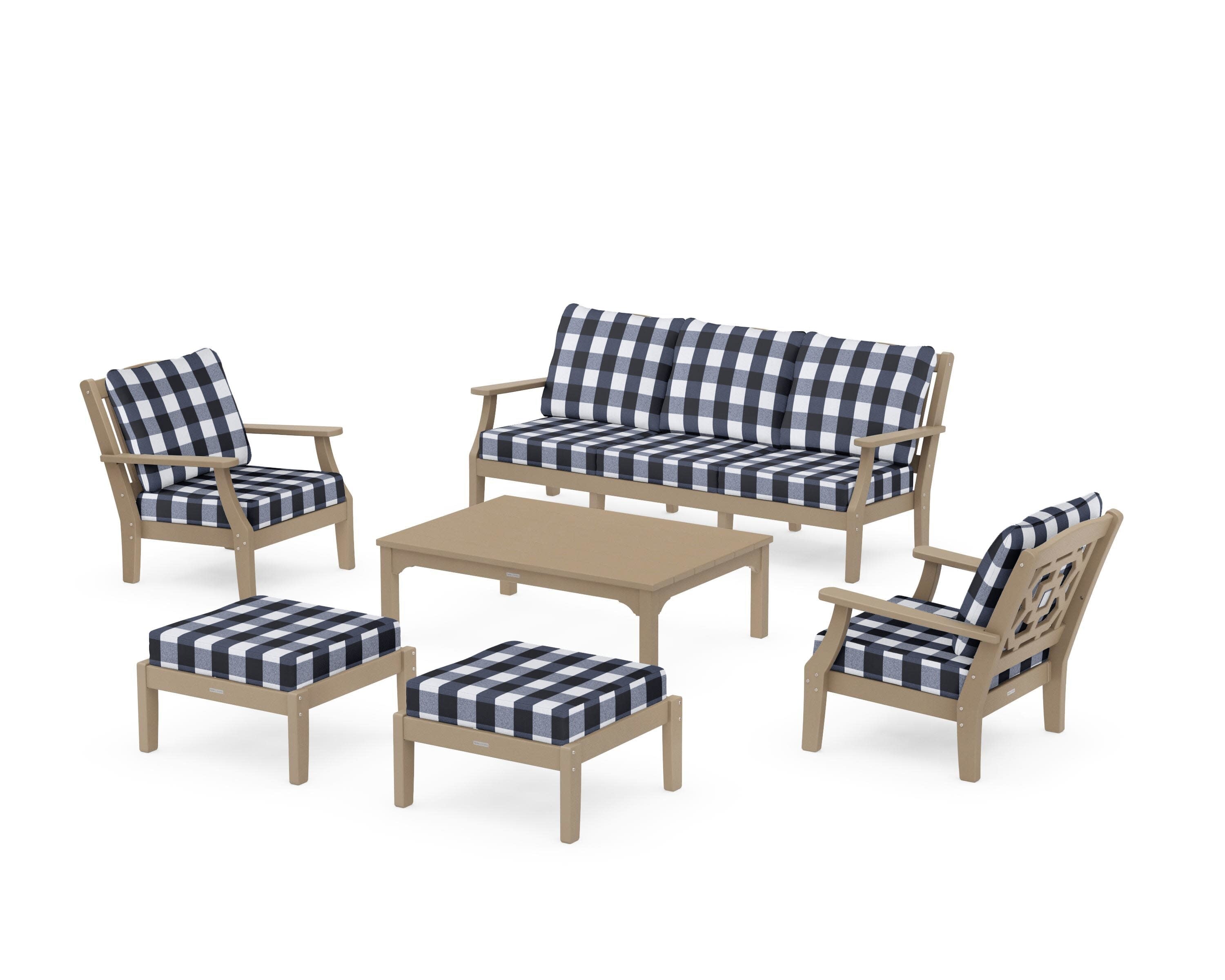 Chinoiserie 6-Piece Lounge Sofa Set in Vintage Sahara / Buffalo Plaid Marine Indigo