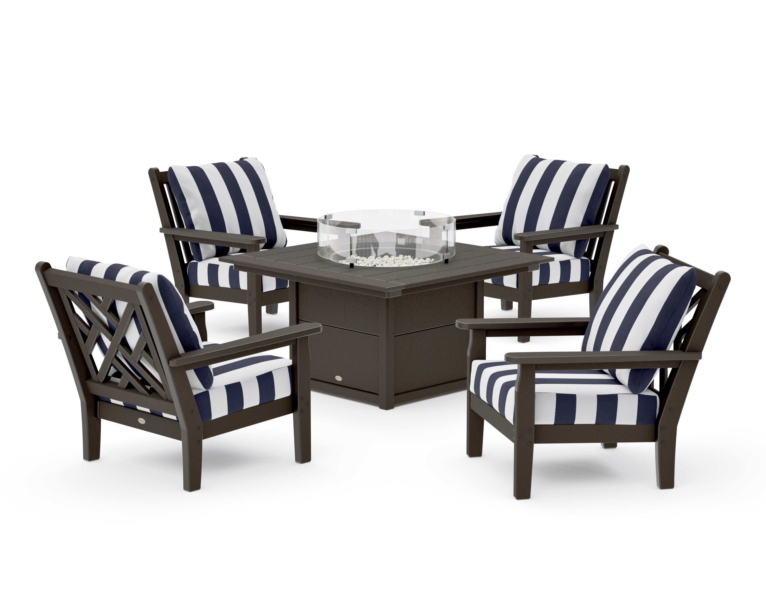 Chippendale 5-Piece Deep Seating Set with Fire Pit Table in Vintage Coffee / Cabana Stripe Navy