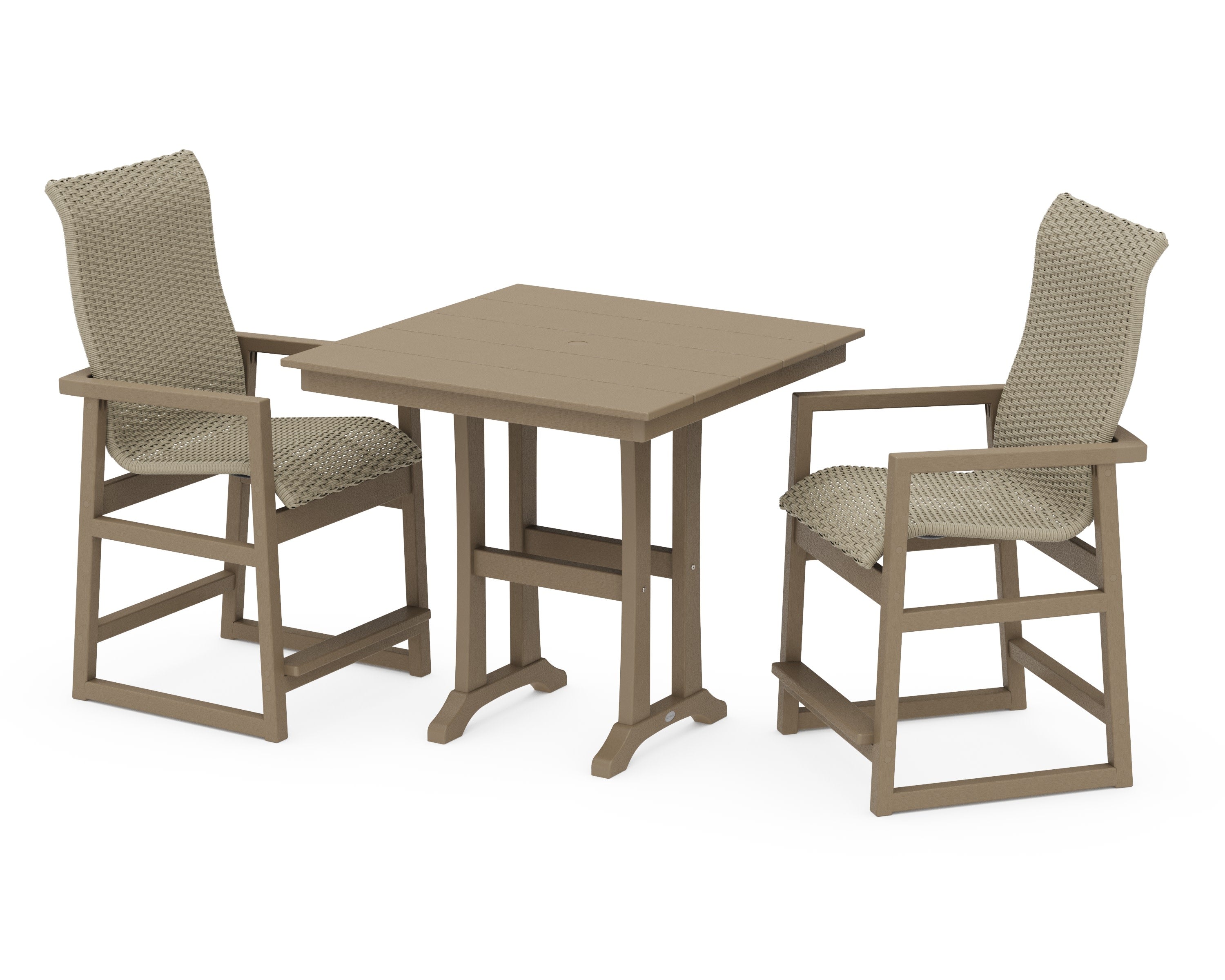 EDGE Woven Highback 3-Piece Farmhouse Counter Set with Trestle Legs in Vintage Sahara / Dune Grass
