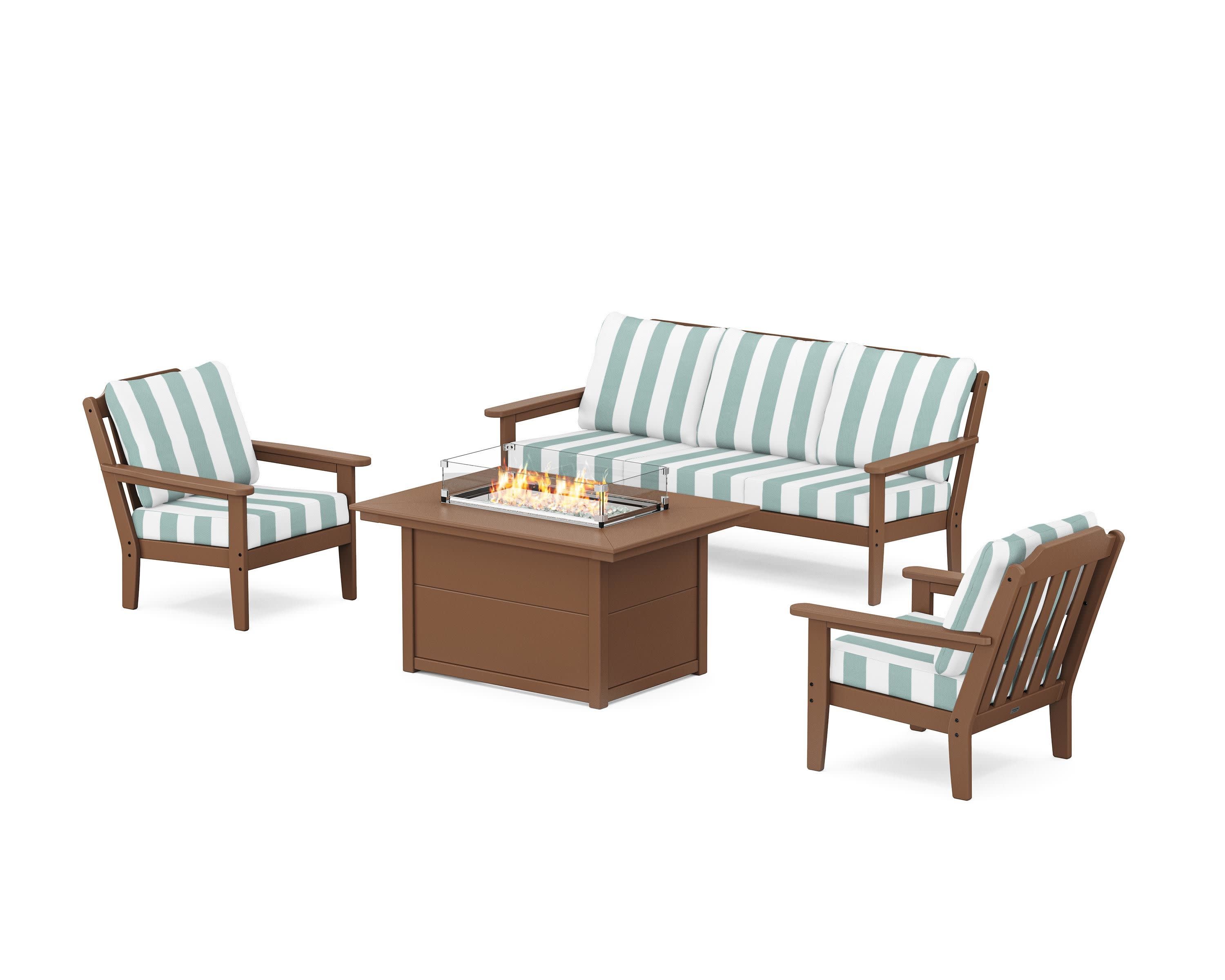 Cottage Deep Seating Fire Pit Table Set in Teak / Cabana Stripe Glacier Spa