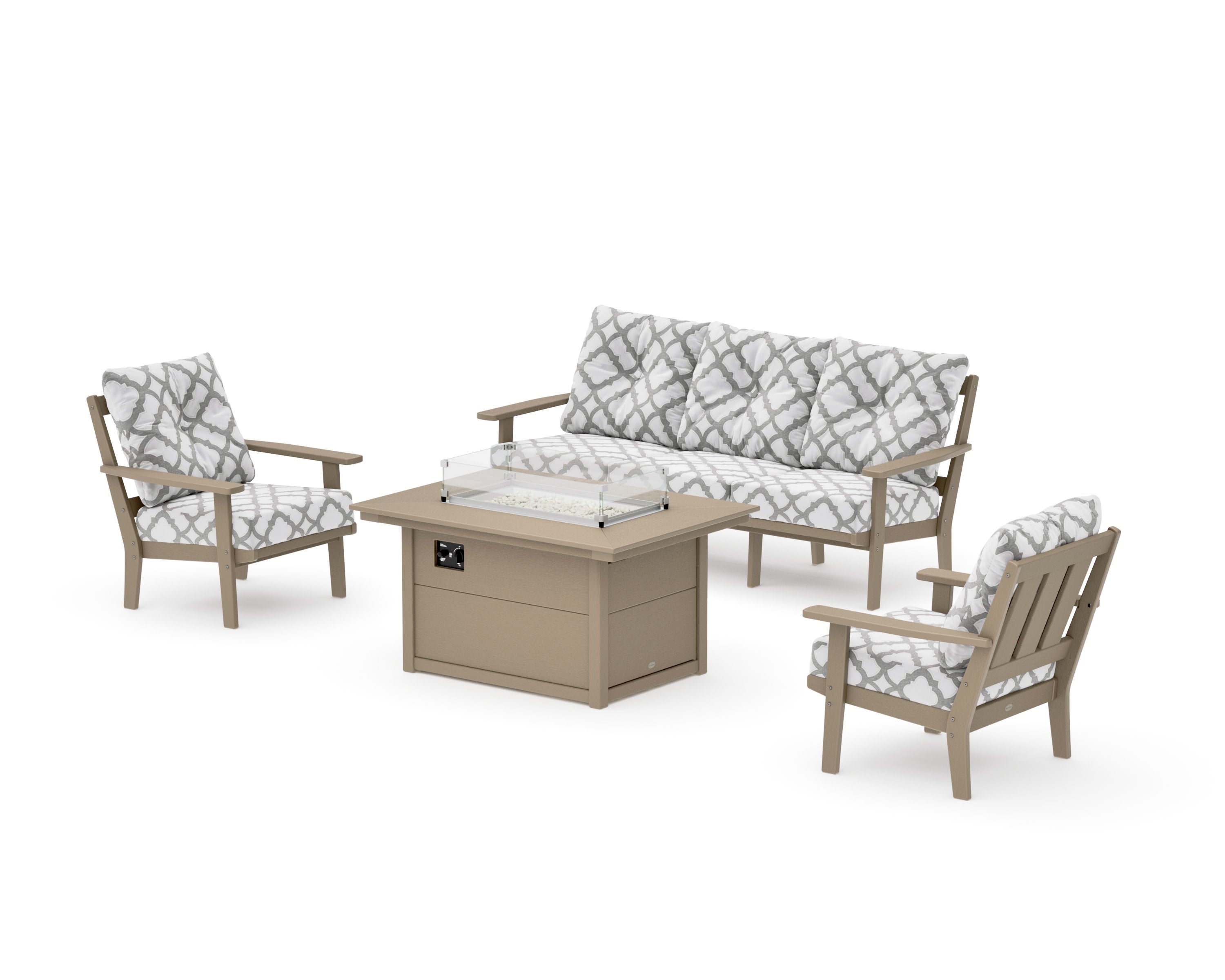 Oxford Deep Seating Fire Pit Table Set in Vintage Sahara / Trellis Grey Mist