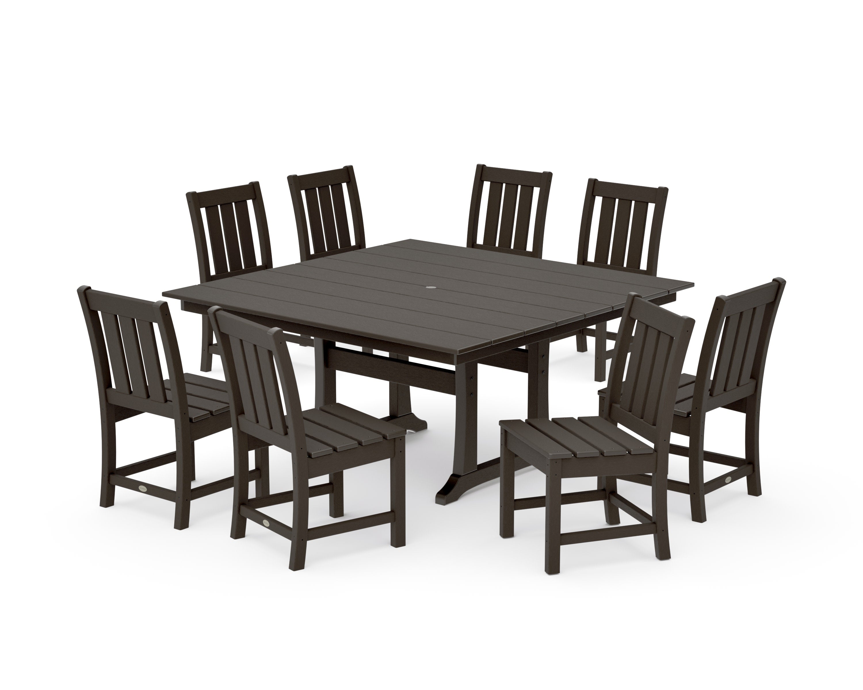 Oxford Side Chair 9-Piece Square Farmhouse Dining Set with Trestle Legs in Vintage Coffee