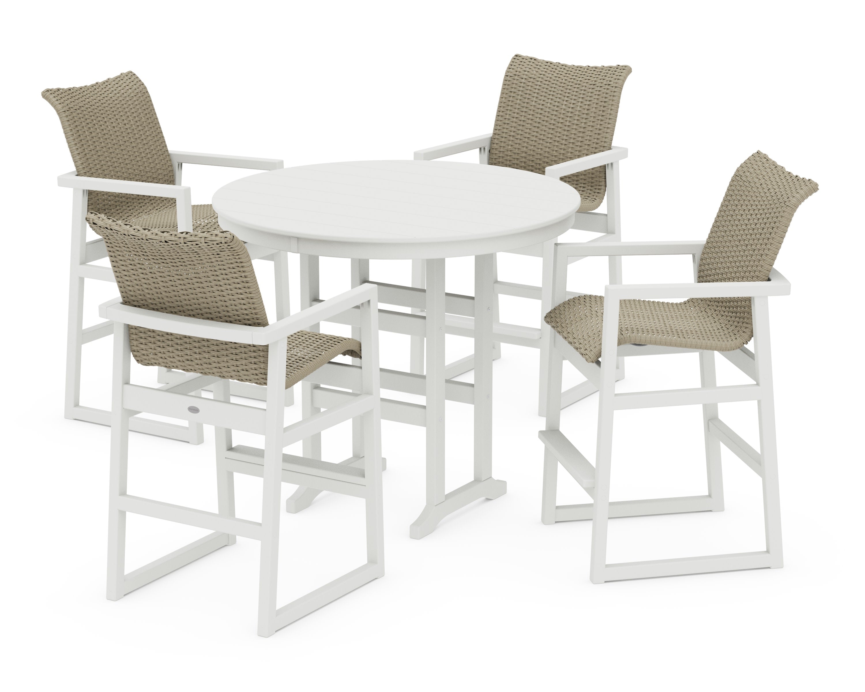 EDGE Woven 5-Piece Round Farmhouse Bar Set in White / Dune Grass