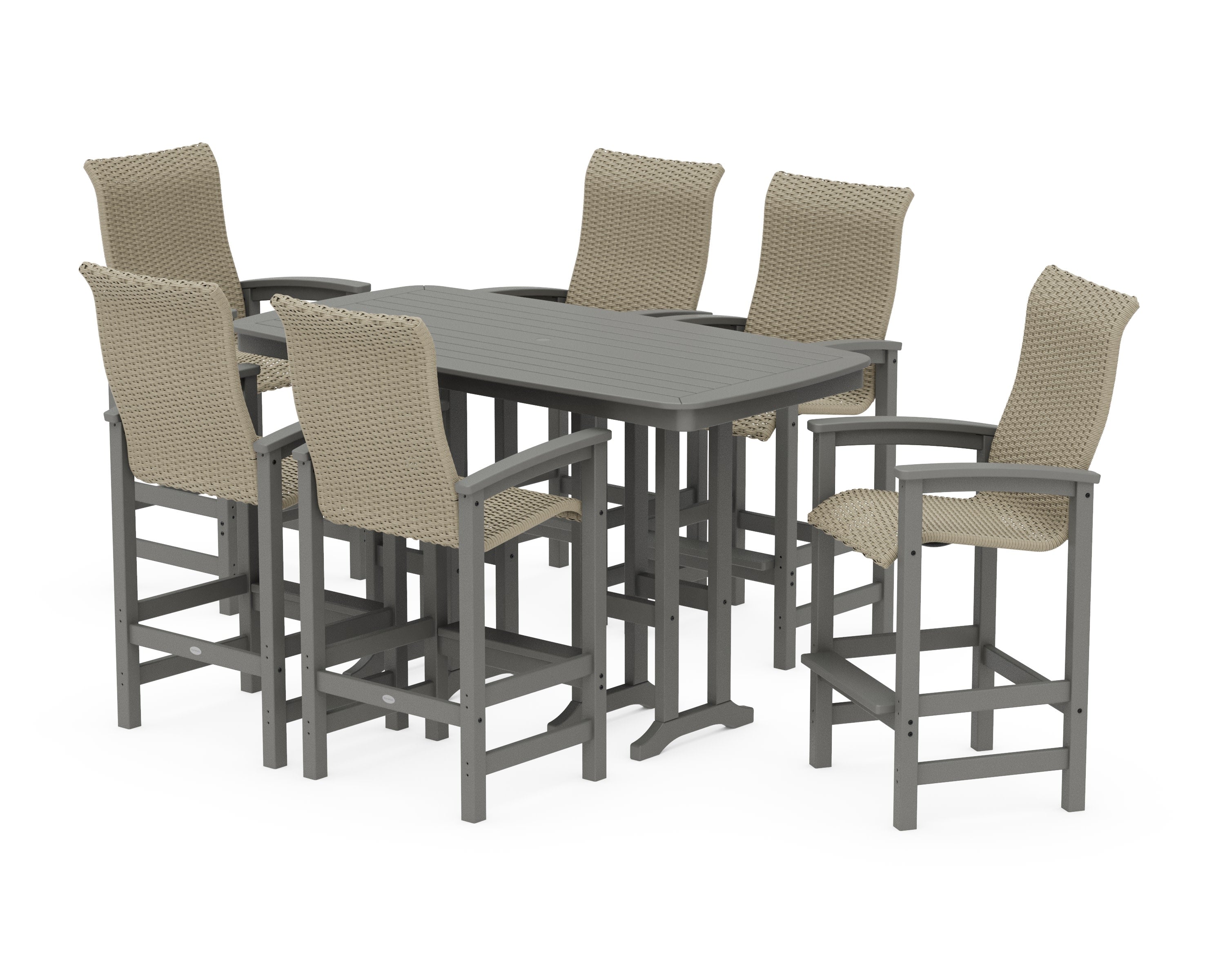 Coastal Woven High-Back Arm Chair 7-Piece Bar Set in Slate Grey / Dune Grass