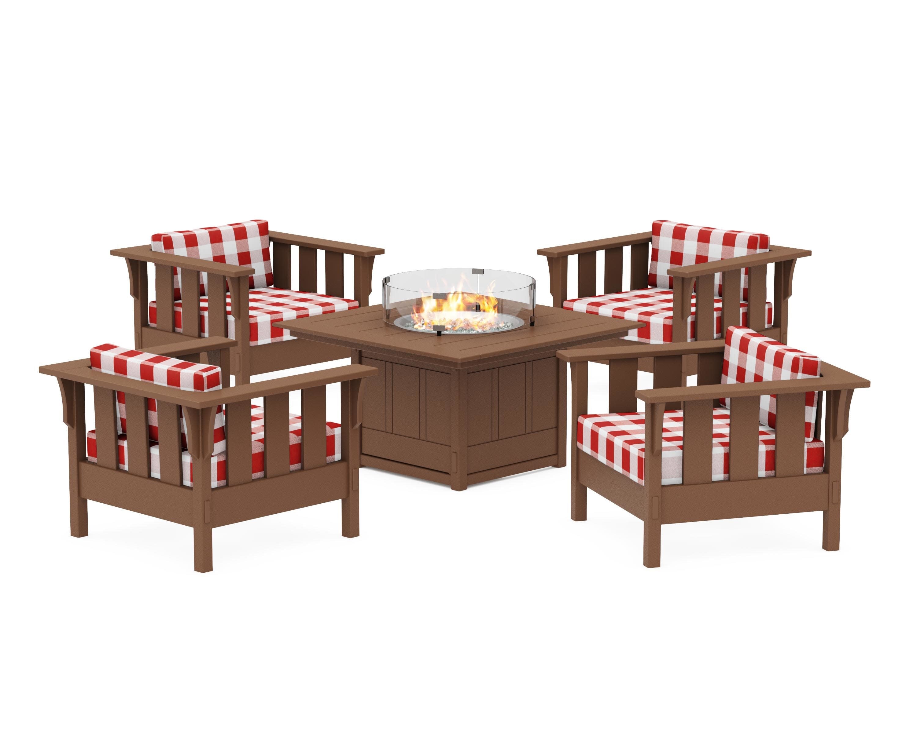 Acadia 5-Piece Deep Seating Set with Fire Pit Table in Teak / Buffalo Plaid Crimson