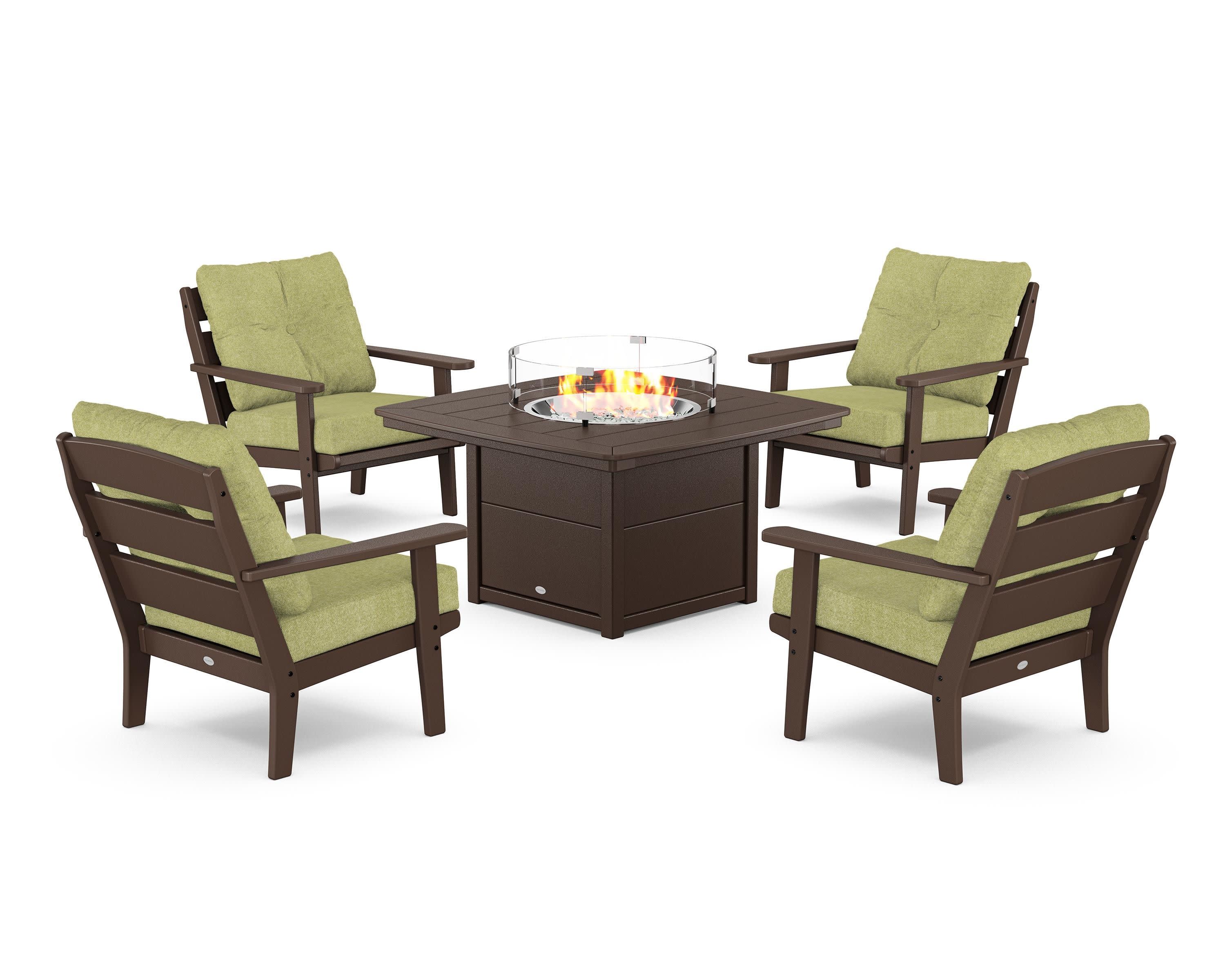 Lakeside 5-Piece Deep Seating Set with Nautical Fire Pit Table in Mahogany / Chartreuse Boucle