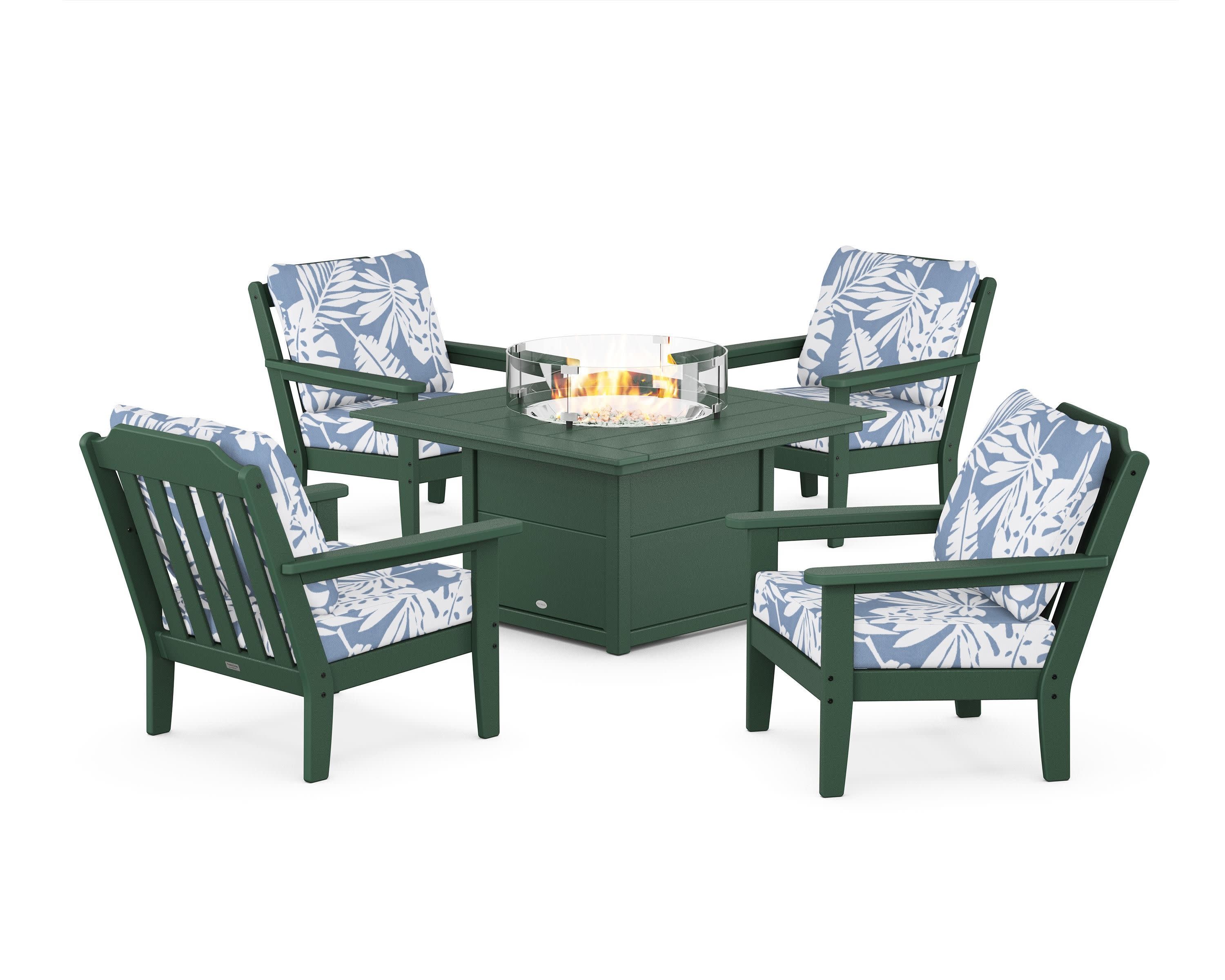 Cottage 5-Piece Deep Seating Set with Fire Pit Table in Green / Leaf Sky Blue