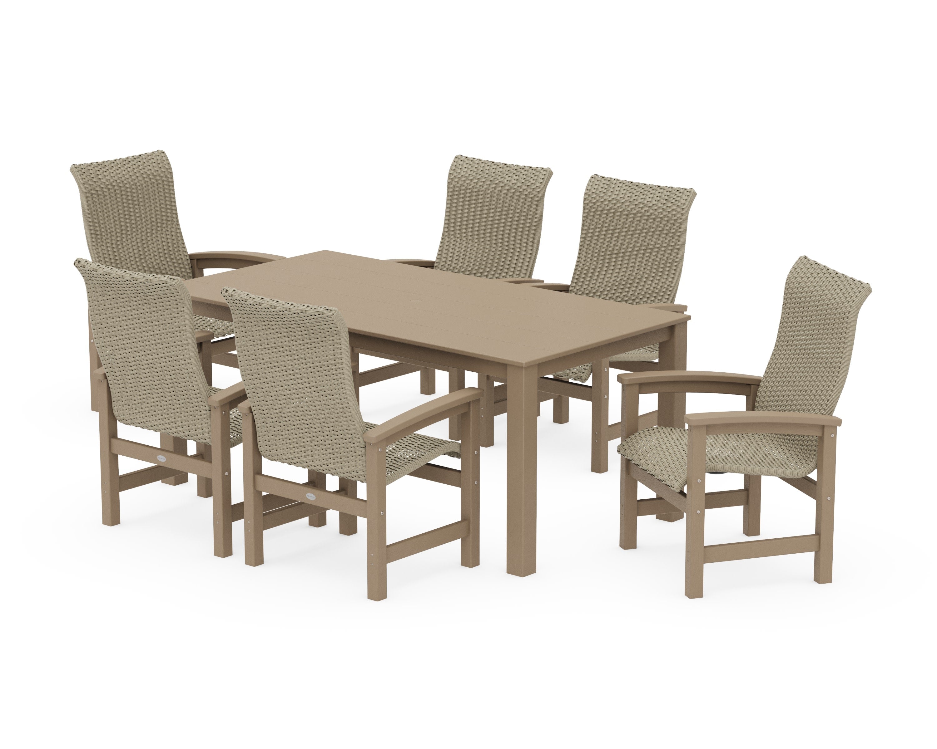 Coastal Woven High-Back Arm Chair 7-Piece Parsons Dining Set in Vintage Sahara / Dune Grass