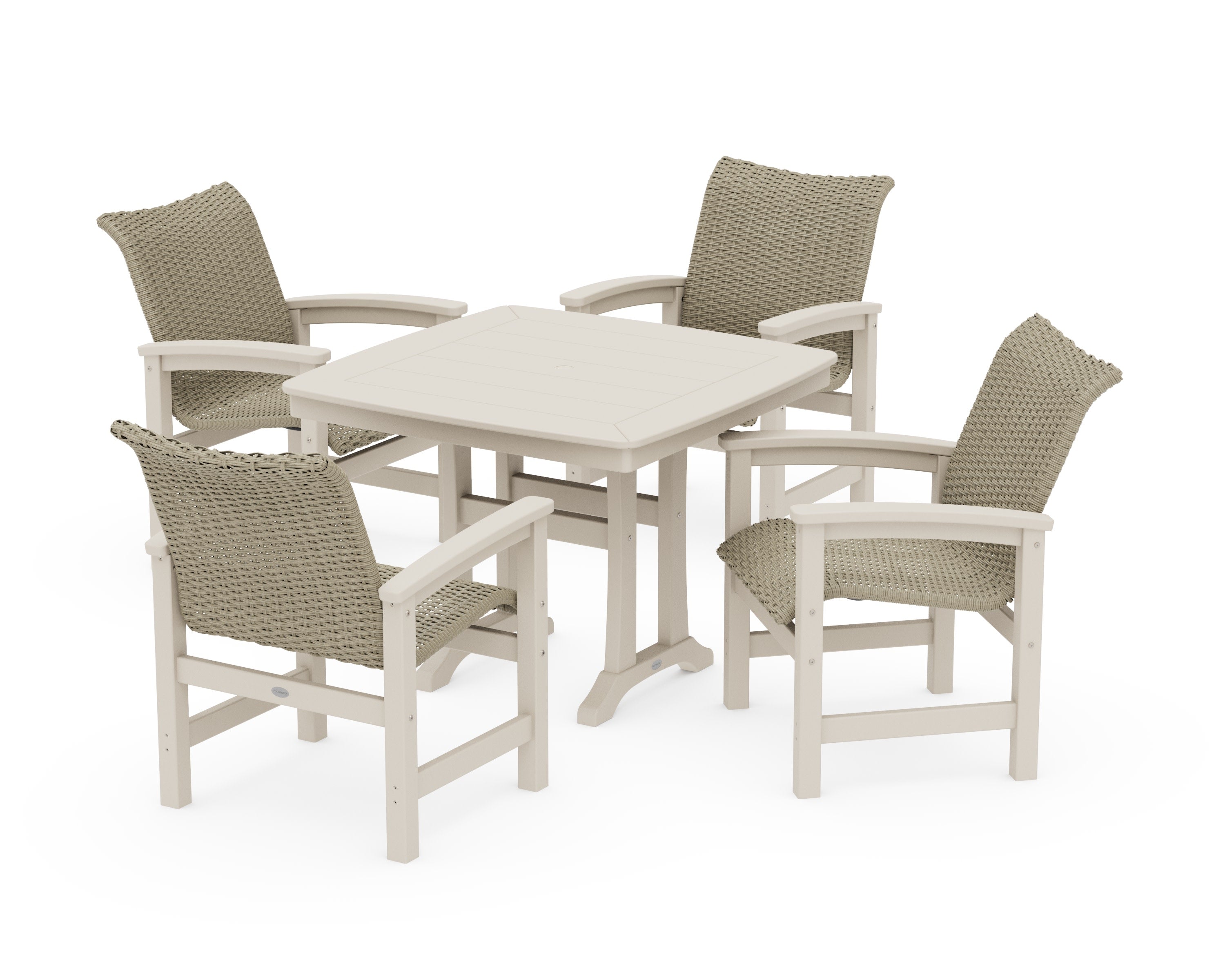 Coastal Woven 5-Piece Dining Set with Trestle Legs in Sand / Dune Grass