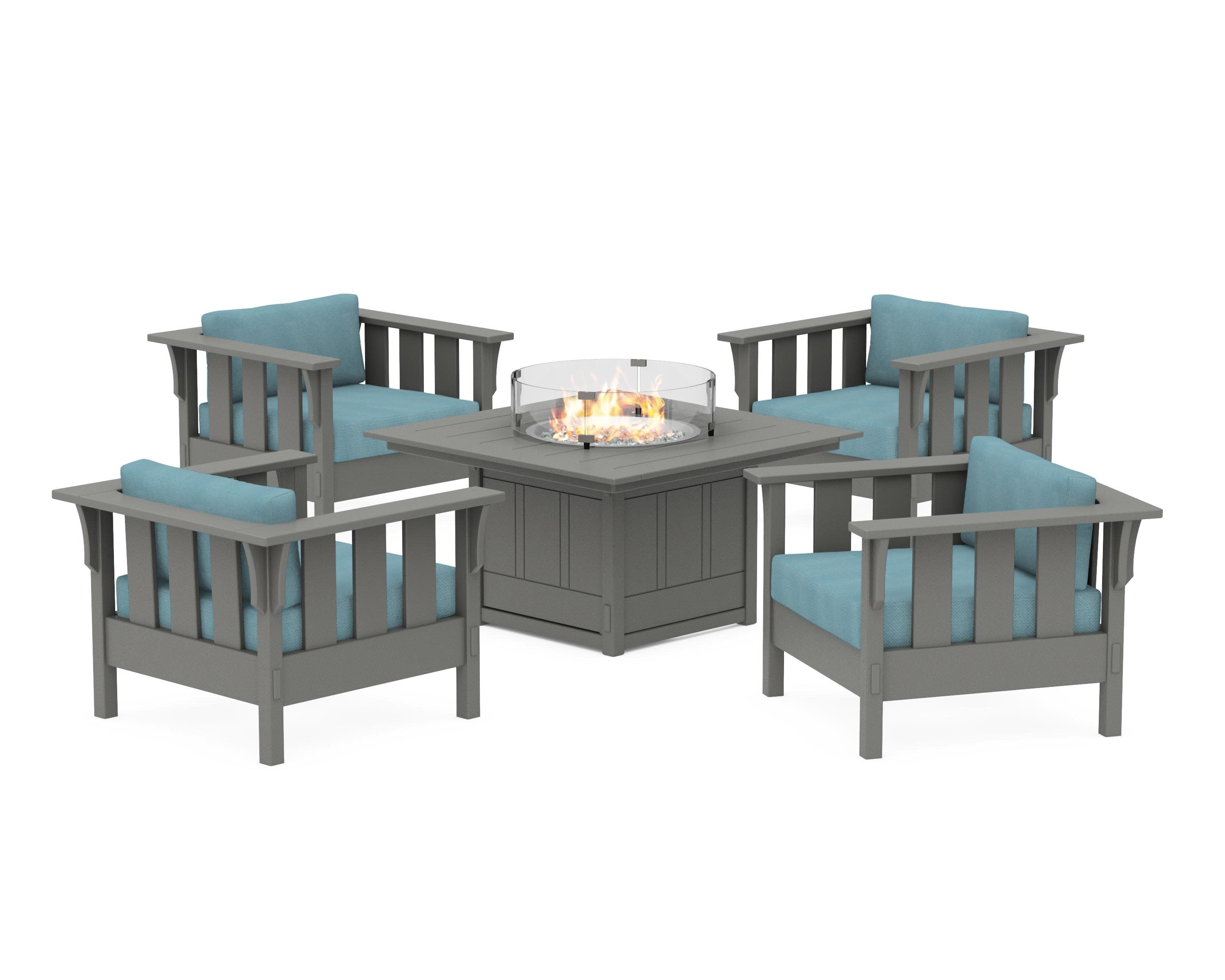 Acadia 5-Piece Deep Seating Set with Fire Pit Table in Slate Grey / Lattice Sky Blue