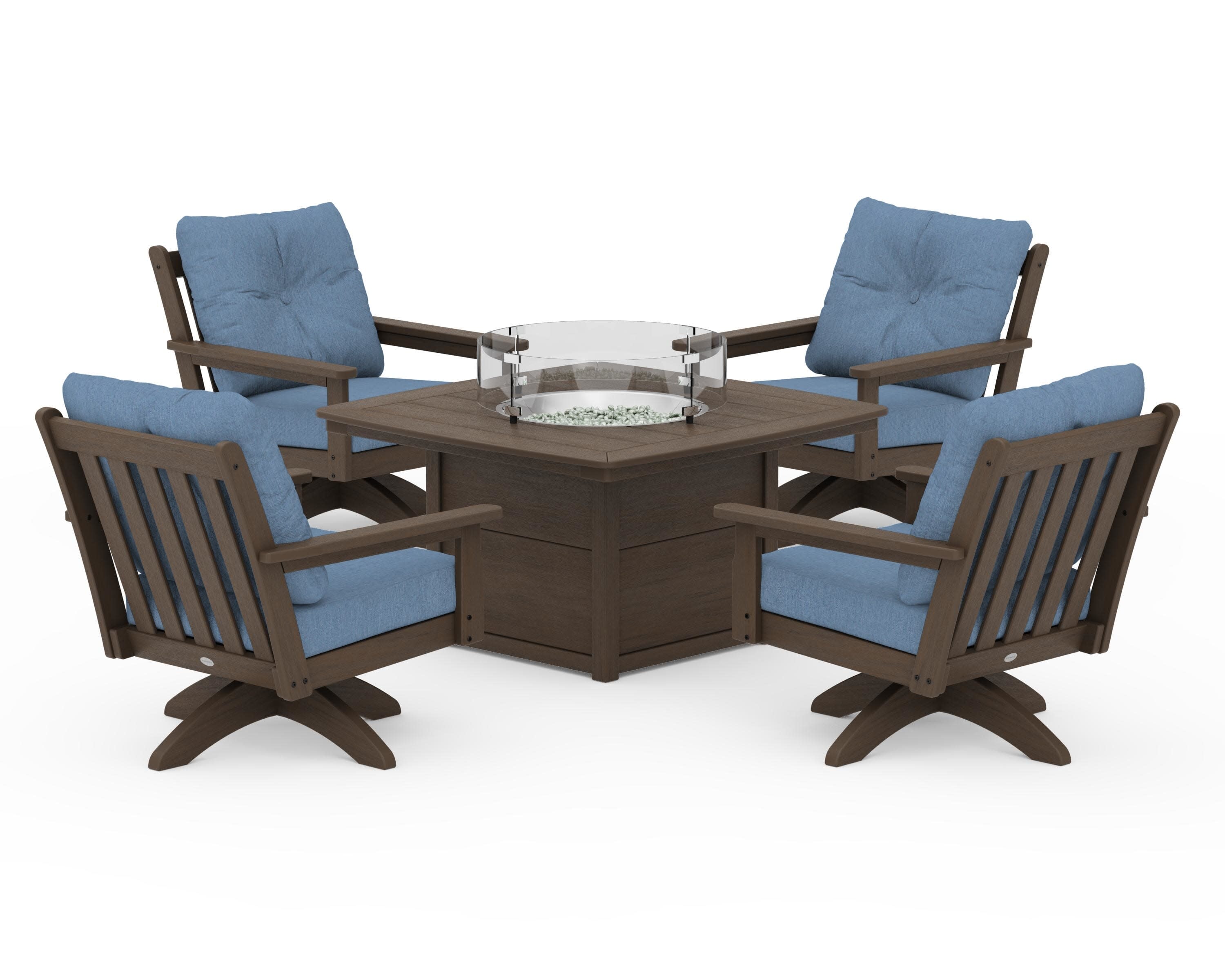 Vineyard 5-Piece Deep Seating Swivel Conversation Set with Fire Pit Table in Kona / Sky Blue