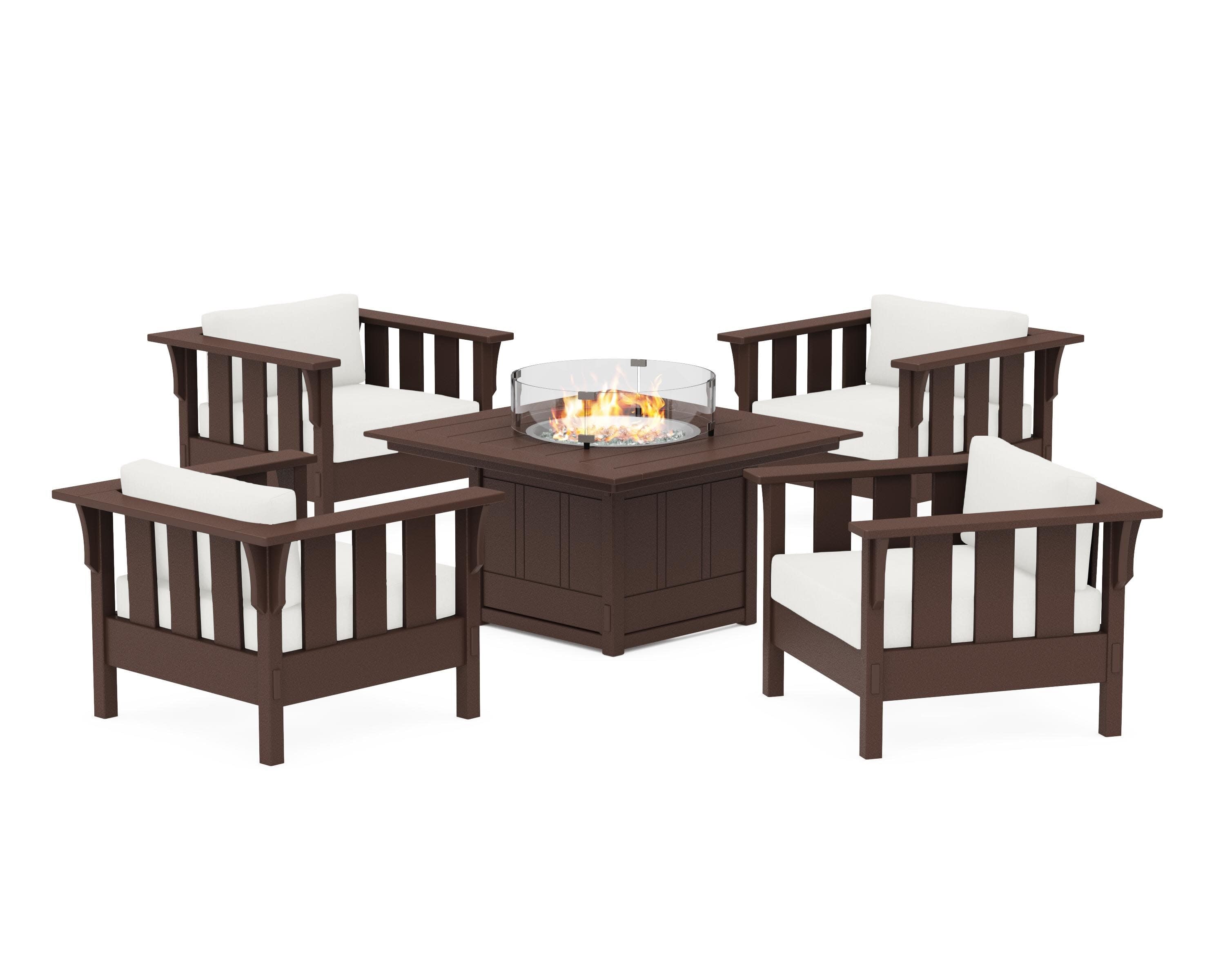 Acadia 5-Piece Deep Seating Set with Fire Pit Table in Mahogany / Natural Linen