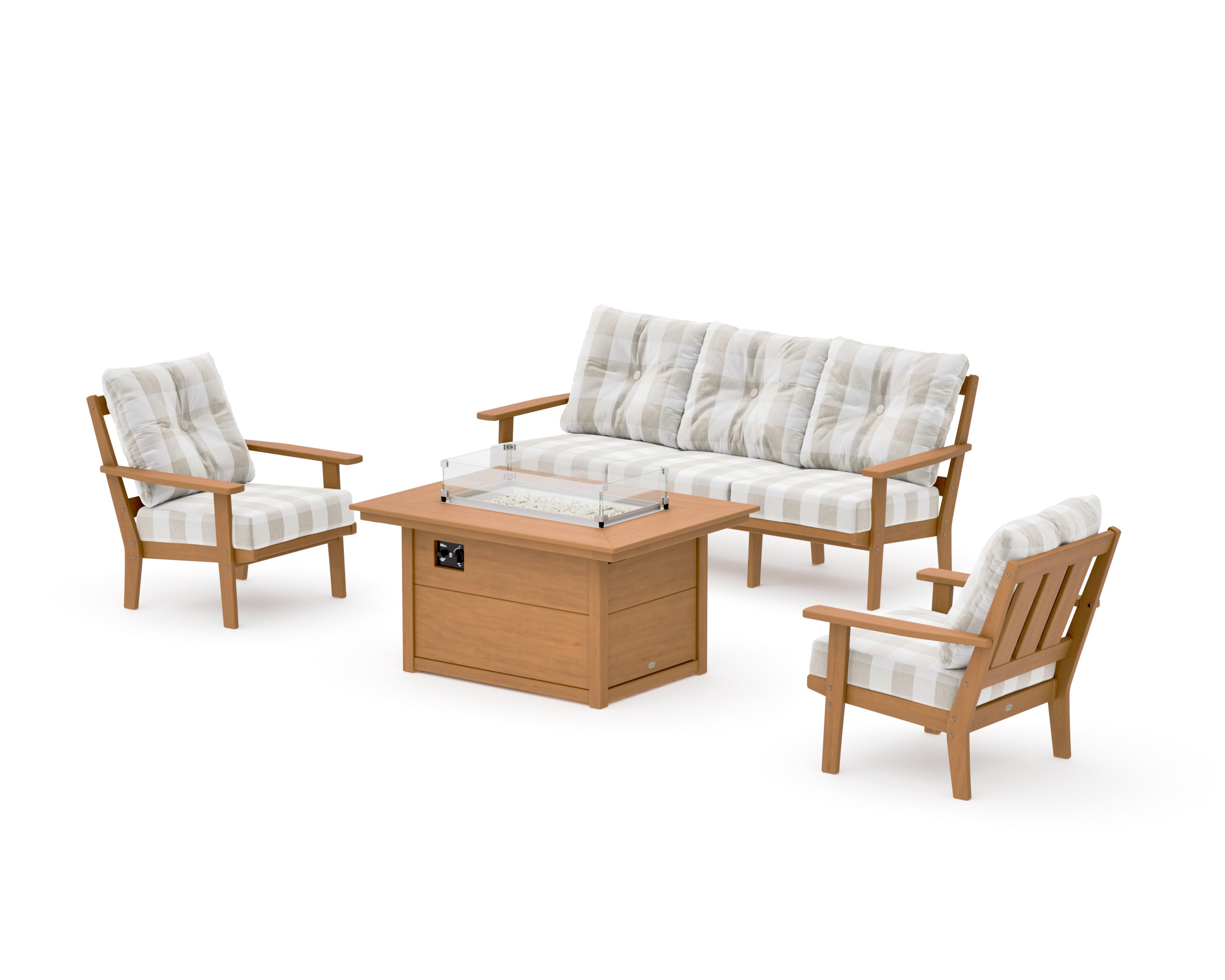 Oxford Deep Seating Fire Pit Table Set in Natural / Buffalo Plaid Dune Burlap