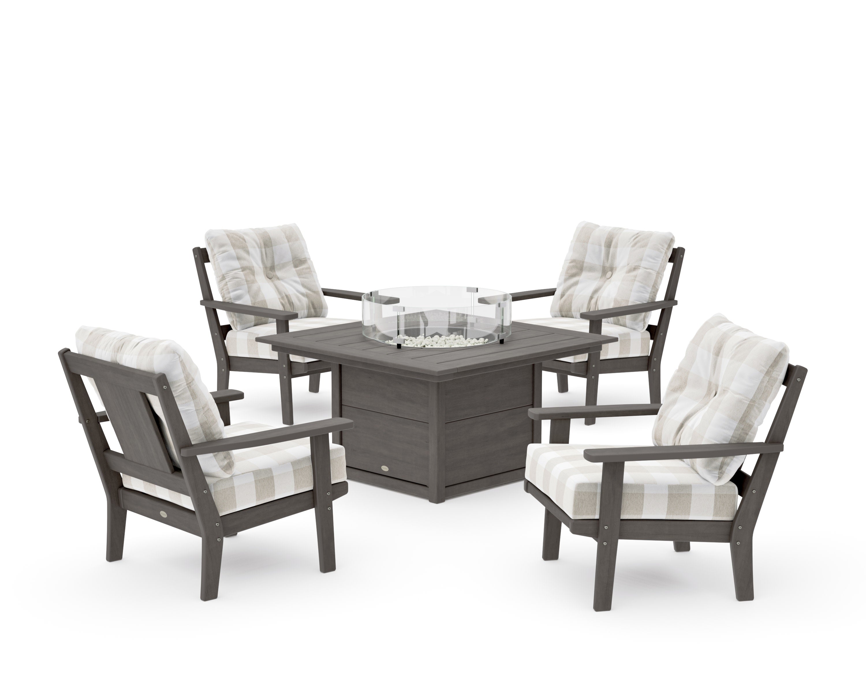 Prairie 5-Piece Deep Seating Set with Fire Pit Table in Driftwood / Buffalo Plaid Dune Burlap