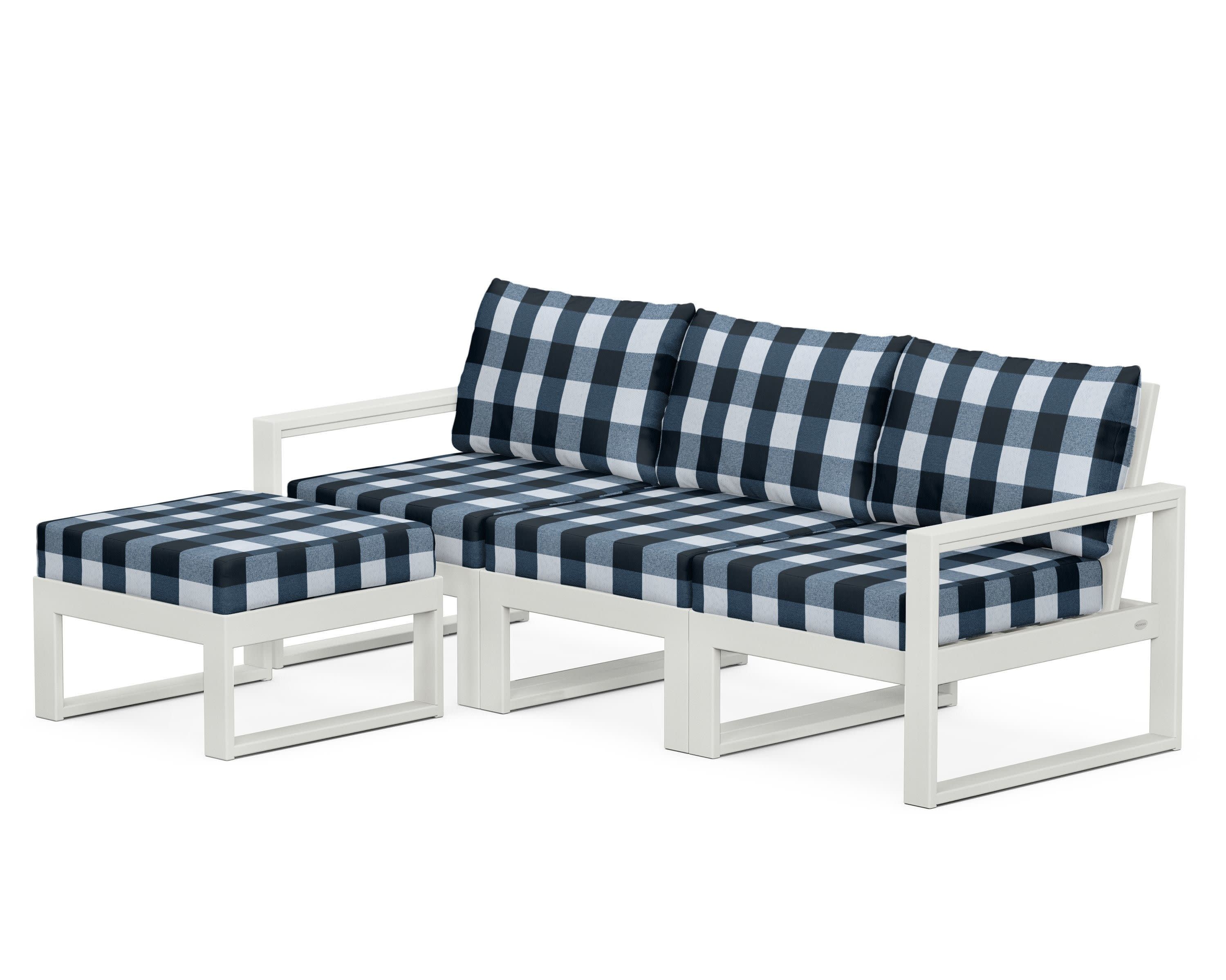 EDGE 4-Piece Modular Deep Seating Set with Ottoman in Vintage White / Buffalo Plaid Marine Indigo