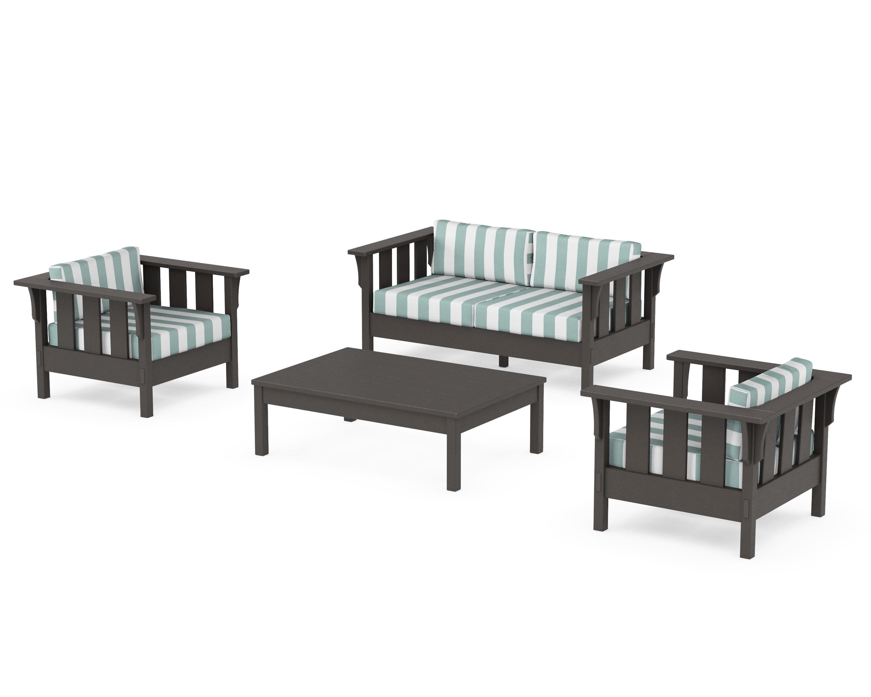 Acadia 4-Piece Deep Seating Set with Loveseat in Vintage Coffee / Cabana Stripe Glacier Spa