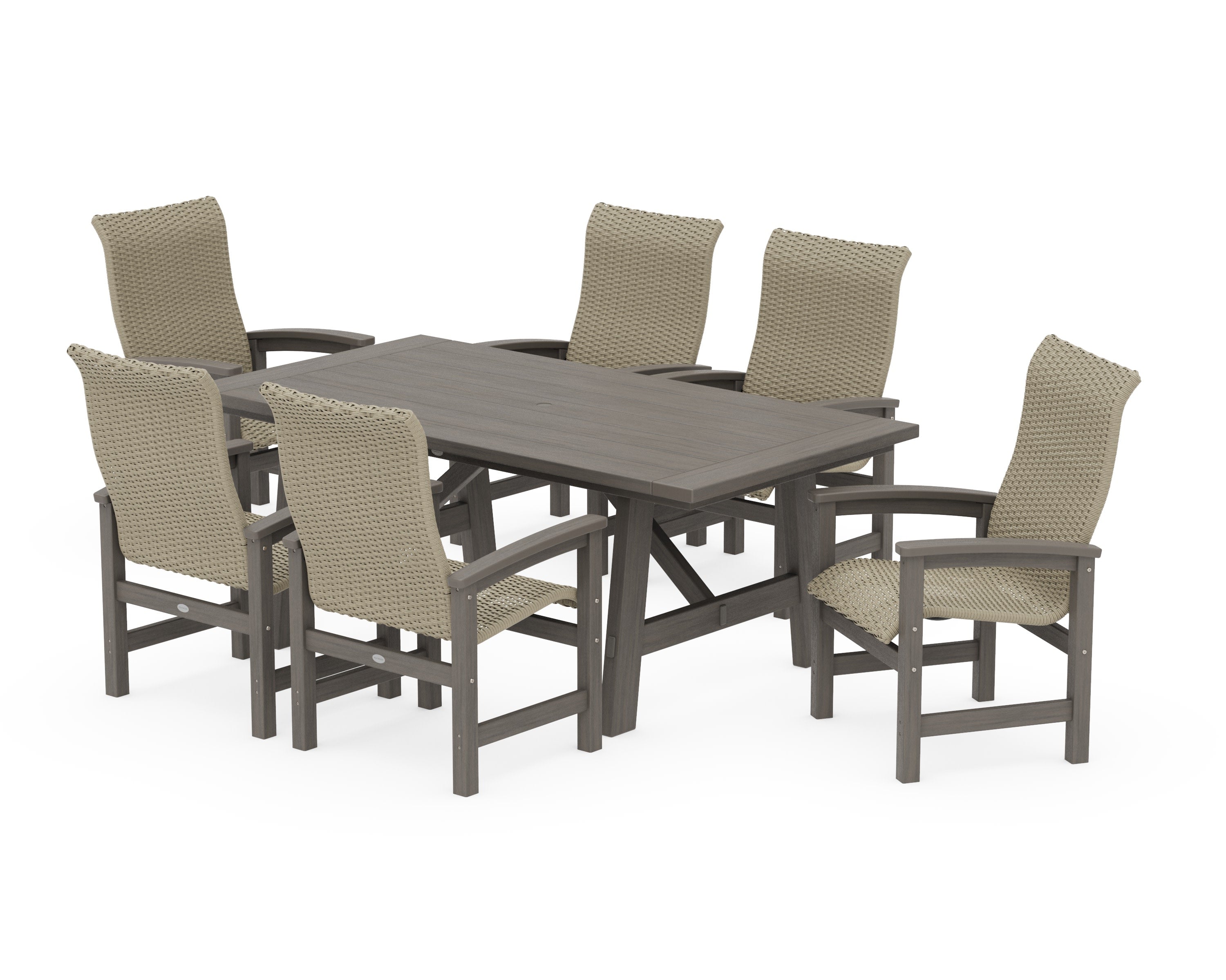 Coastal Woven High-Back Arm Chair 7-Piece Rustic Farmhouse Dining Set in Driftwood / Dune Grass