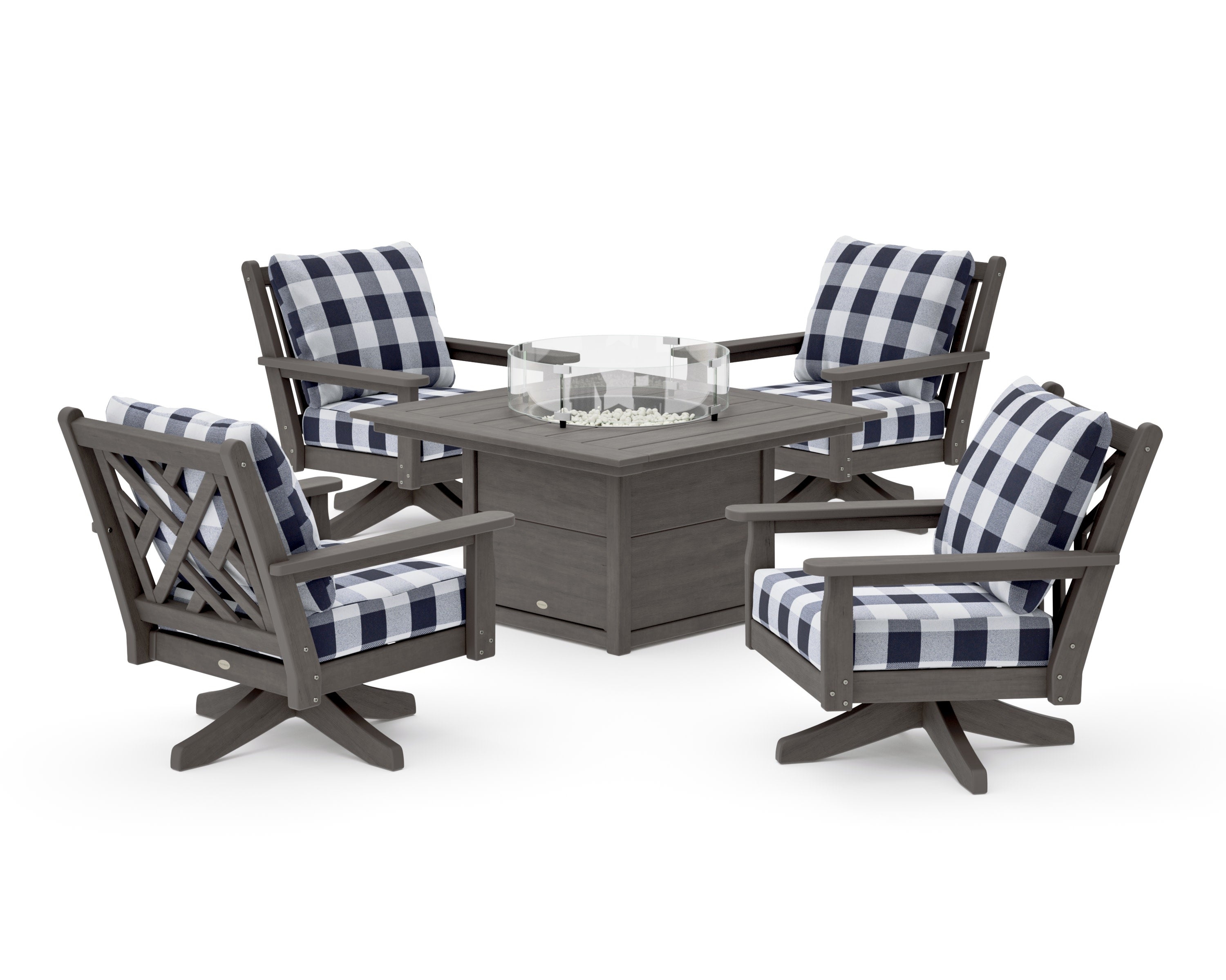 Chippendale 5-Piece Deep Seating Swivel Conversation Set with Fire Pit Table in Driftwood / Buffalo Plaid Navy