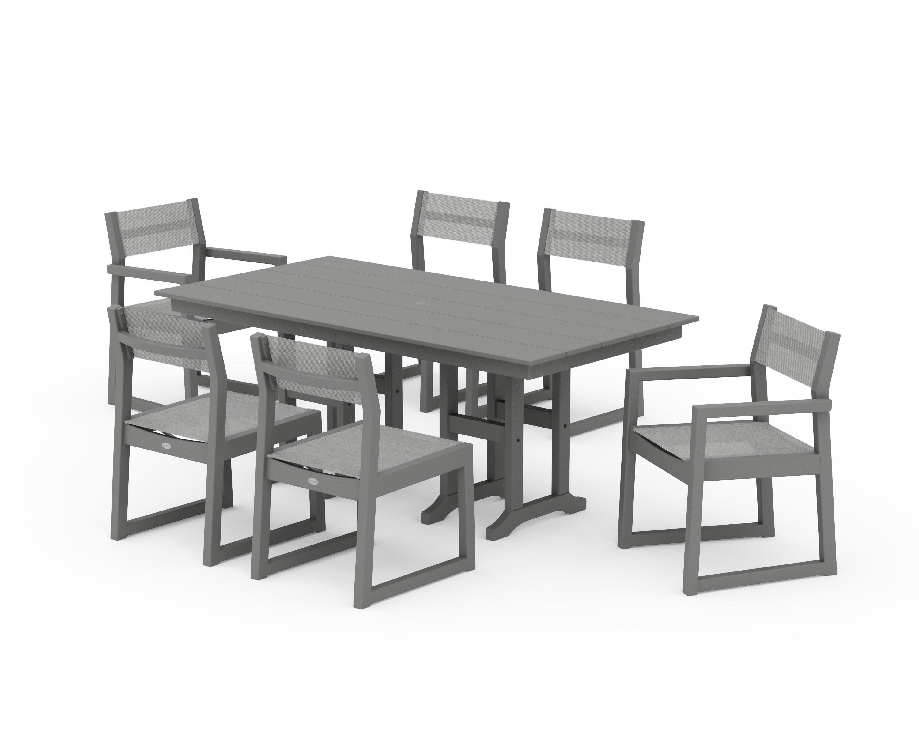 EDGE Sling 7-Piece Farmhouse Dining Set in Slate Grey / Metallic Sling
