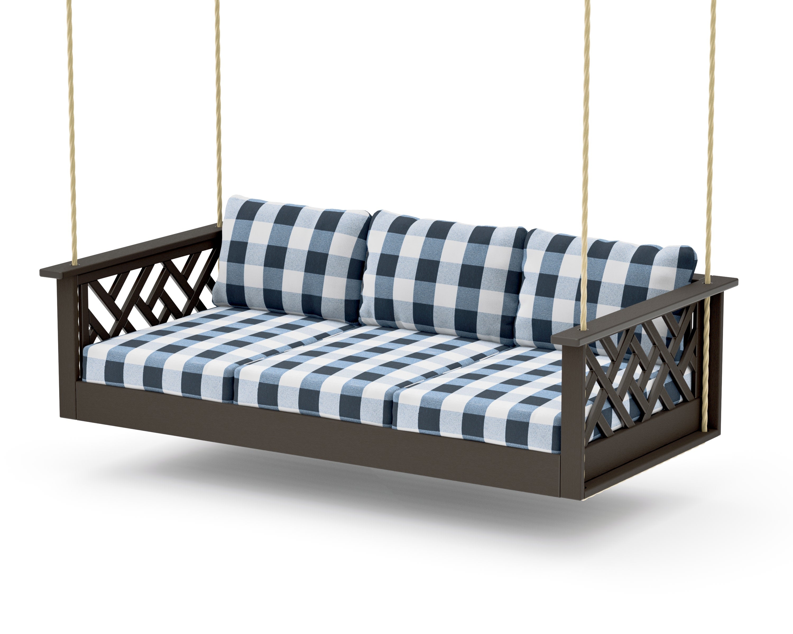 Chippendale Daybed Swing in Vintage Coffee / Buffalo Plaid Marine Indigo