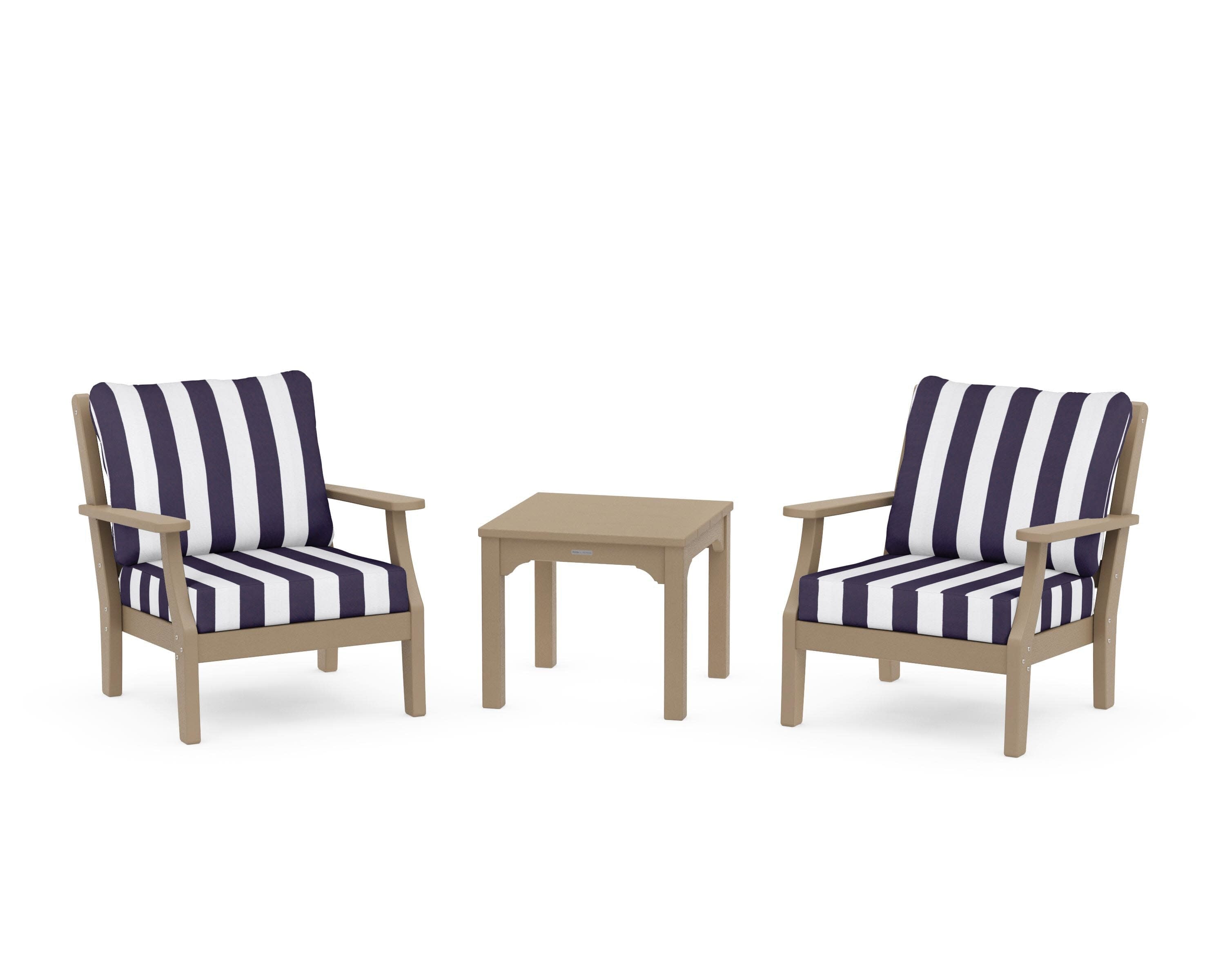 Chinoiserie 3-Piece Deep Seating Set in Vintage Sahara / Cabana Stripe Navy